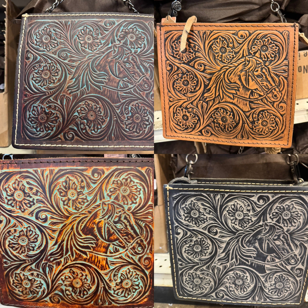Tooled Horse Chain Crossbody Purse