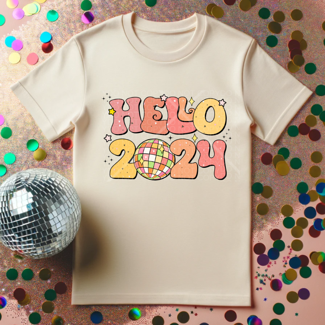 Hello 2024 Retro Style T-Shirt or Crewneck Sweatshirt