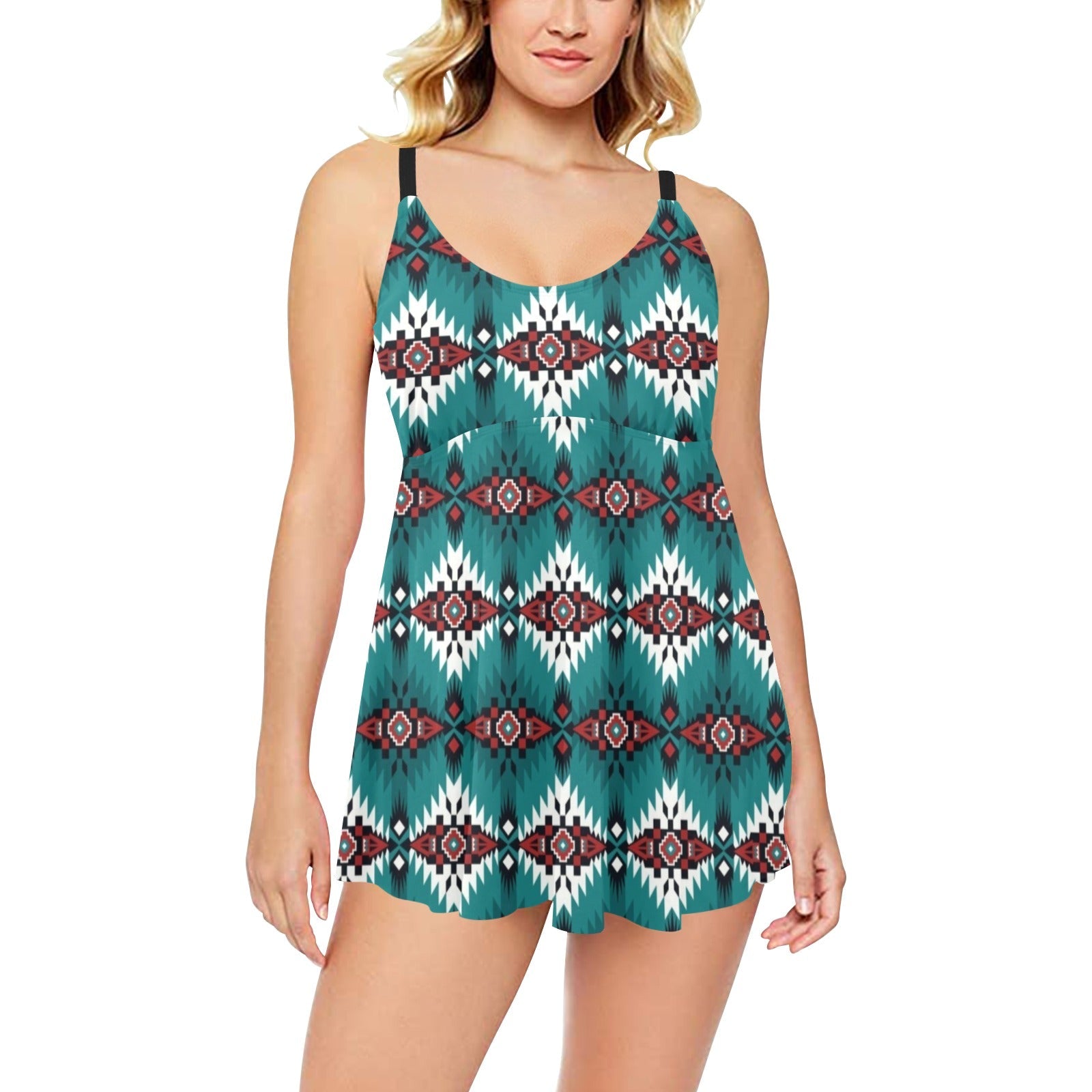 Teal Aztec Swim Dress & Shorts Set