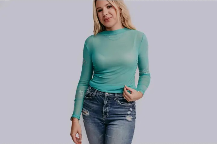 Turquoise Rodeo Rhinestone Mesh Top