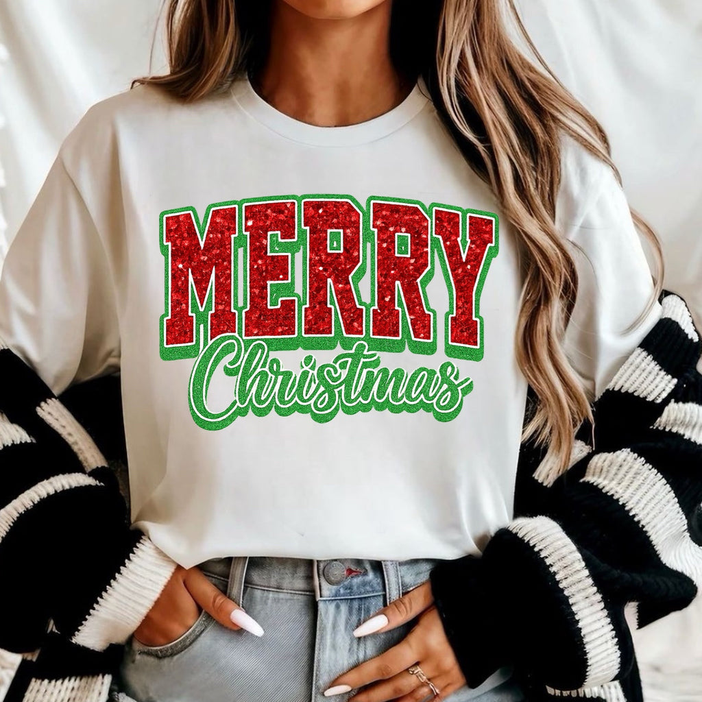 Red Faux Glitter Merry Christmas Script Shirt – Graphic Tee, Long Sleeve & Crewneck