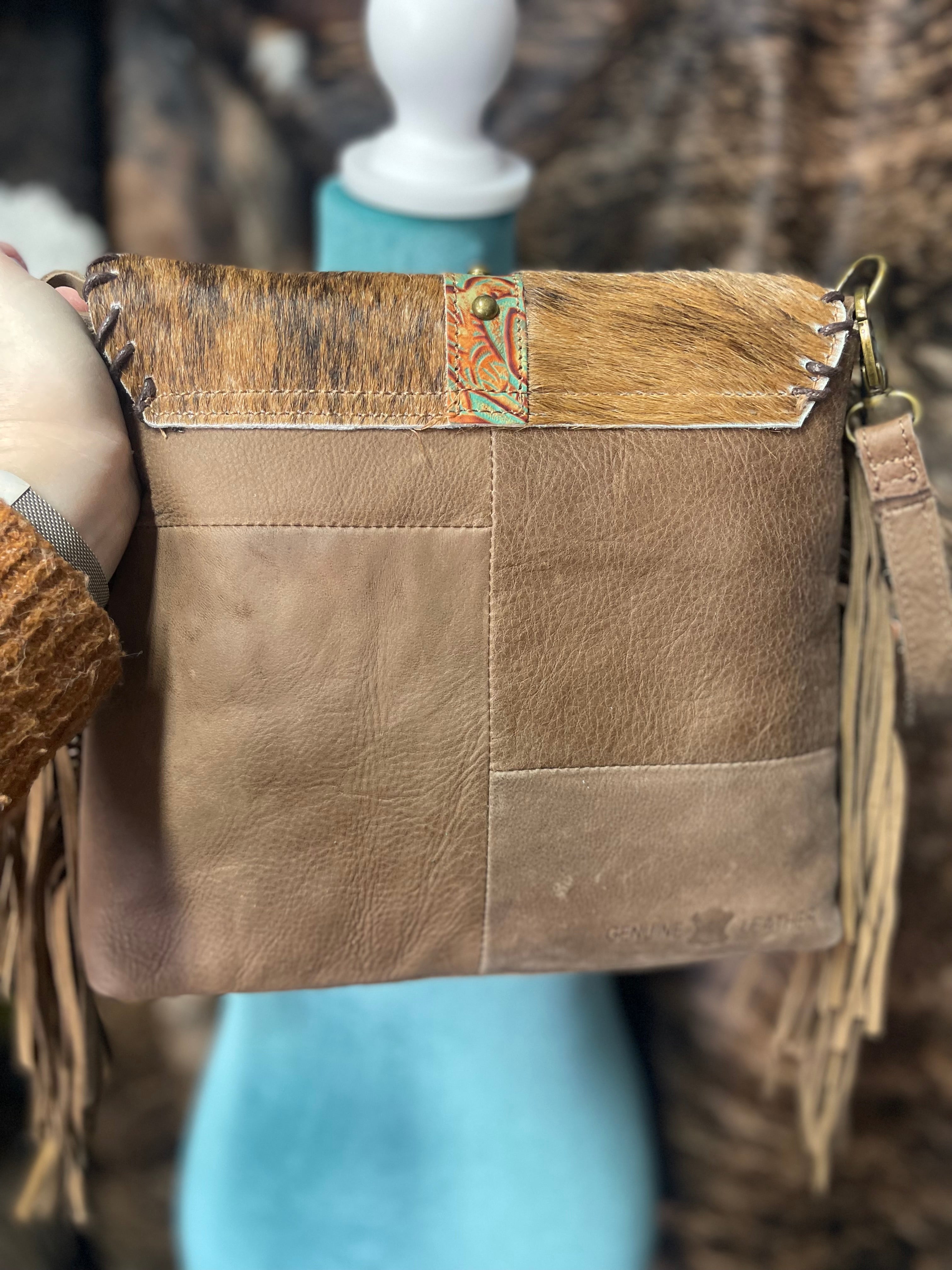 Turquoise Stone Cowhide Tooled Crossbody Purse