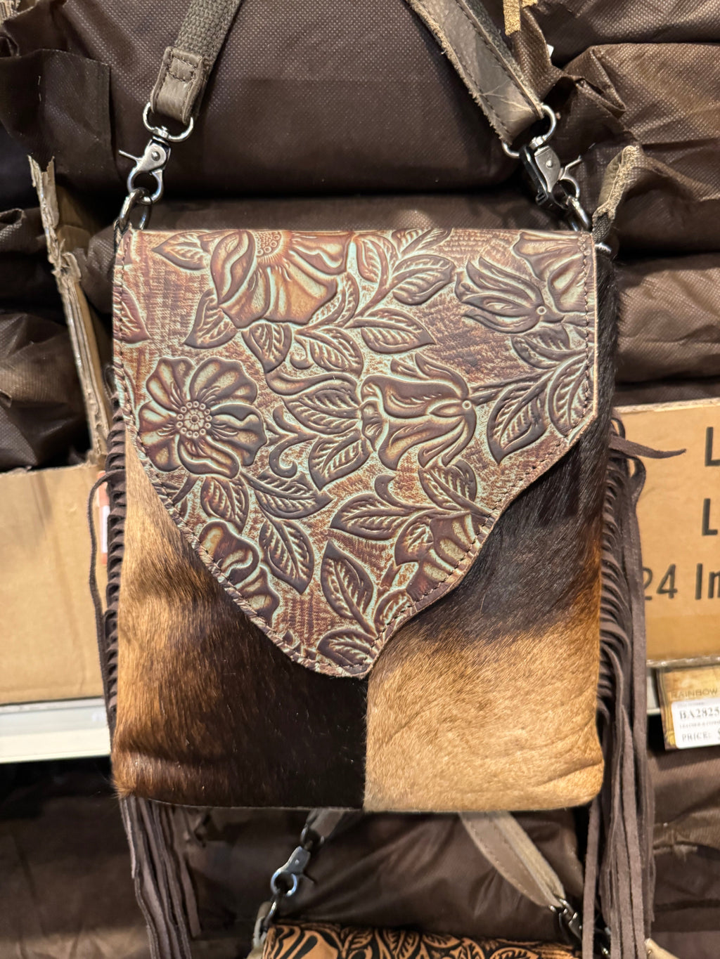 BA2825 Tooled Floral Flap Cowhide Crossbody Purse