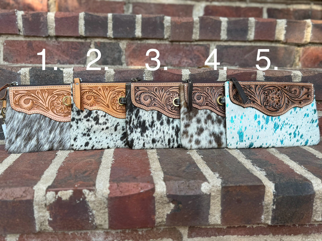 Cowhide & Tooled Leather Wristlet