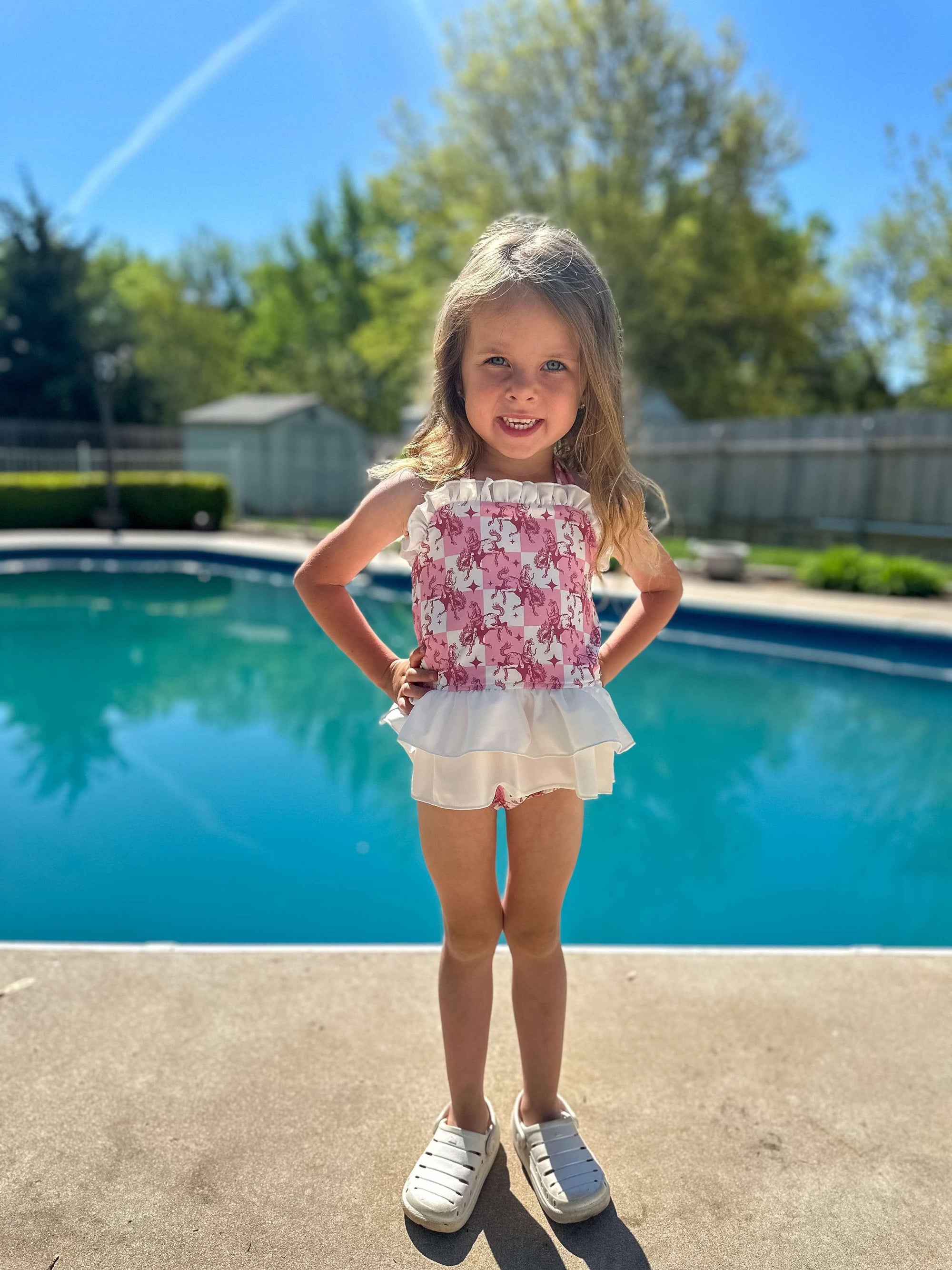 Pink Buckin’ Broncs Ruffled Swim Suit