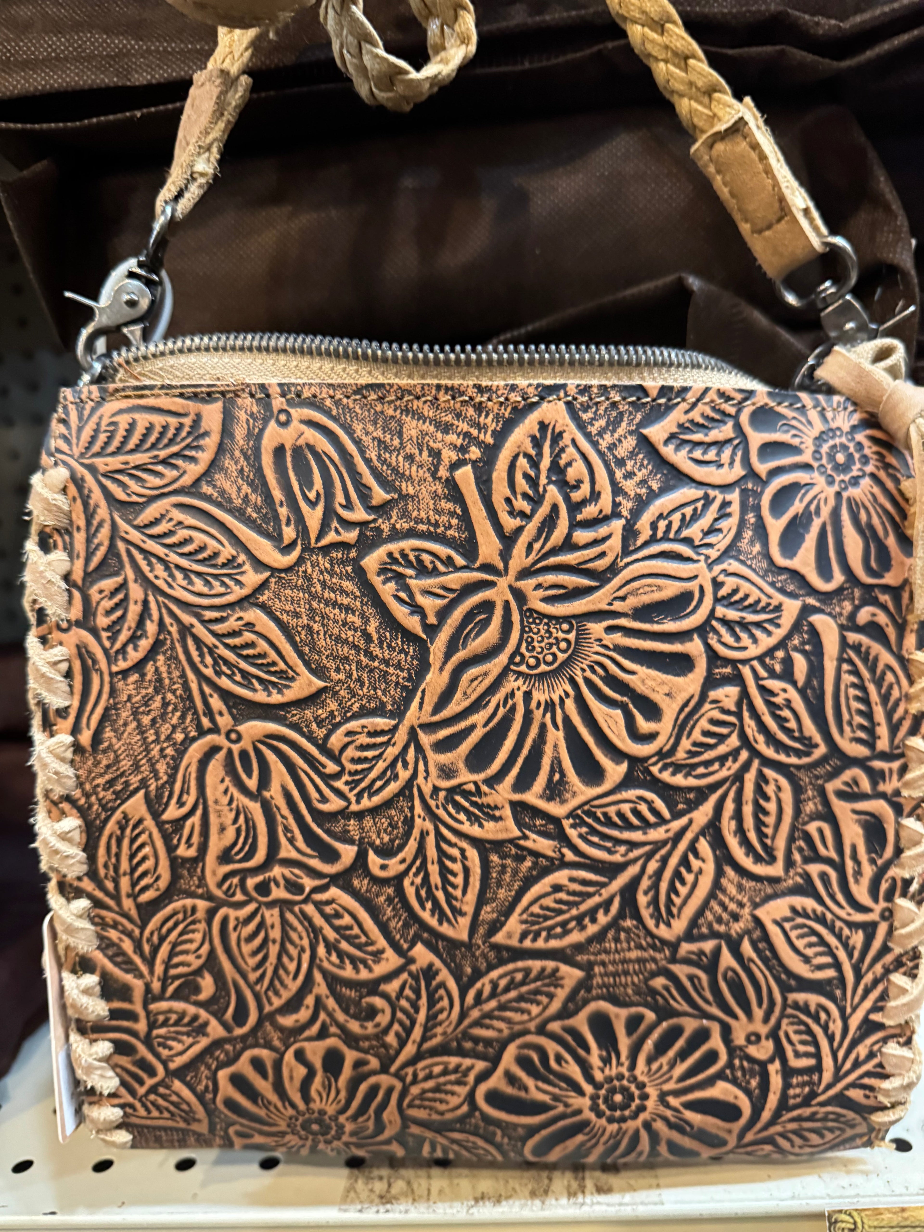 Floral Tooled Leather Crossbody Purse