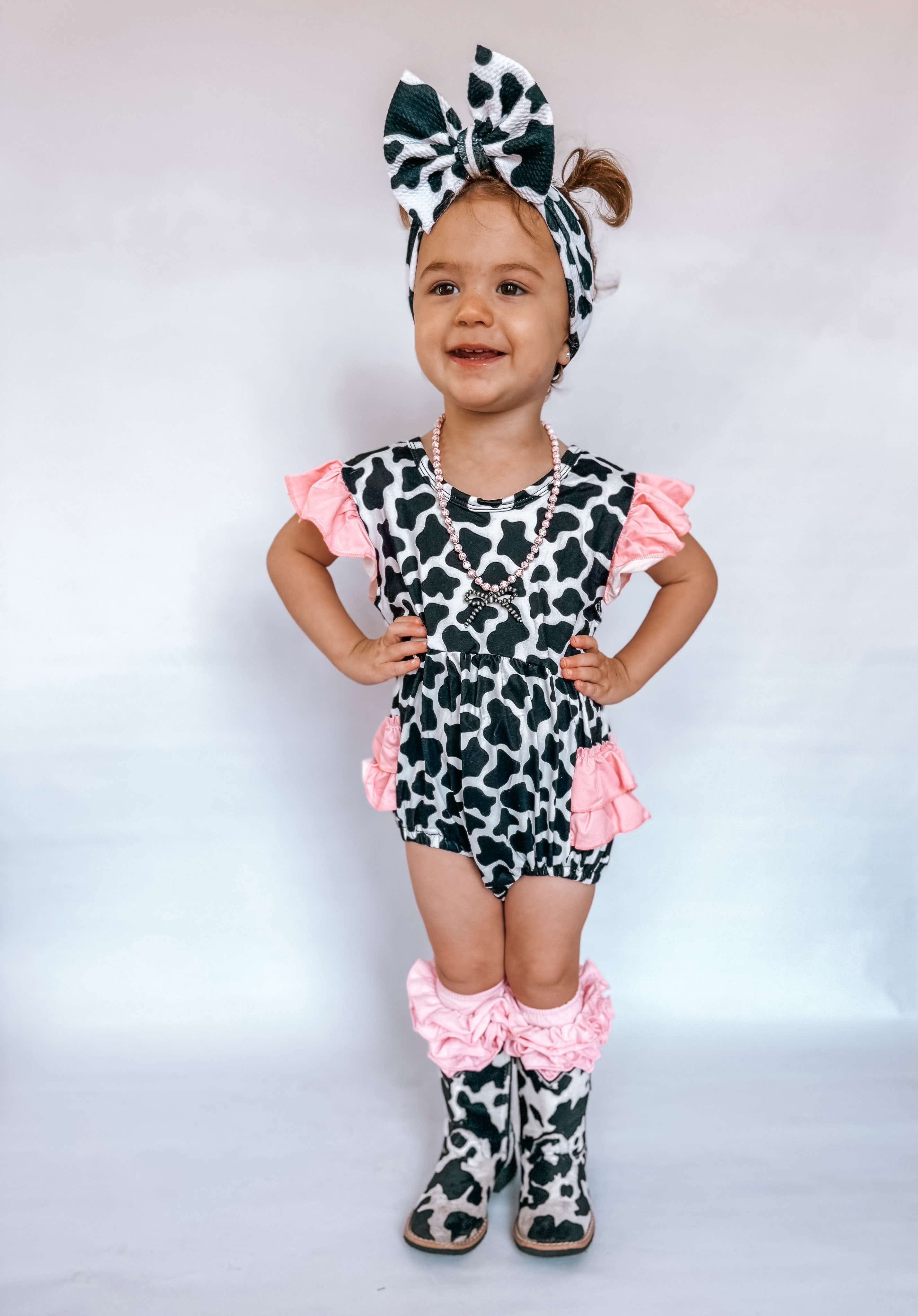 Cow Print With Pink Ruffles Romper