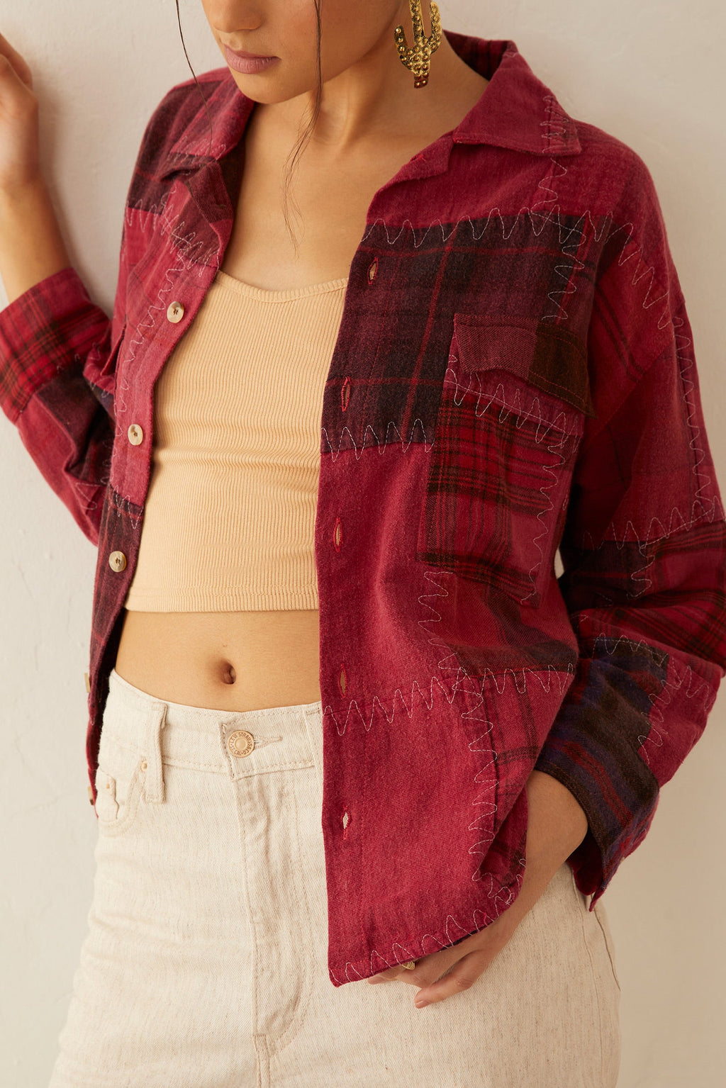 Emma Dawn Patchwork Shacket in Red