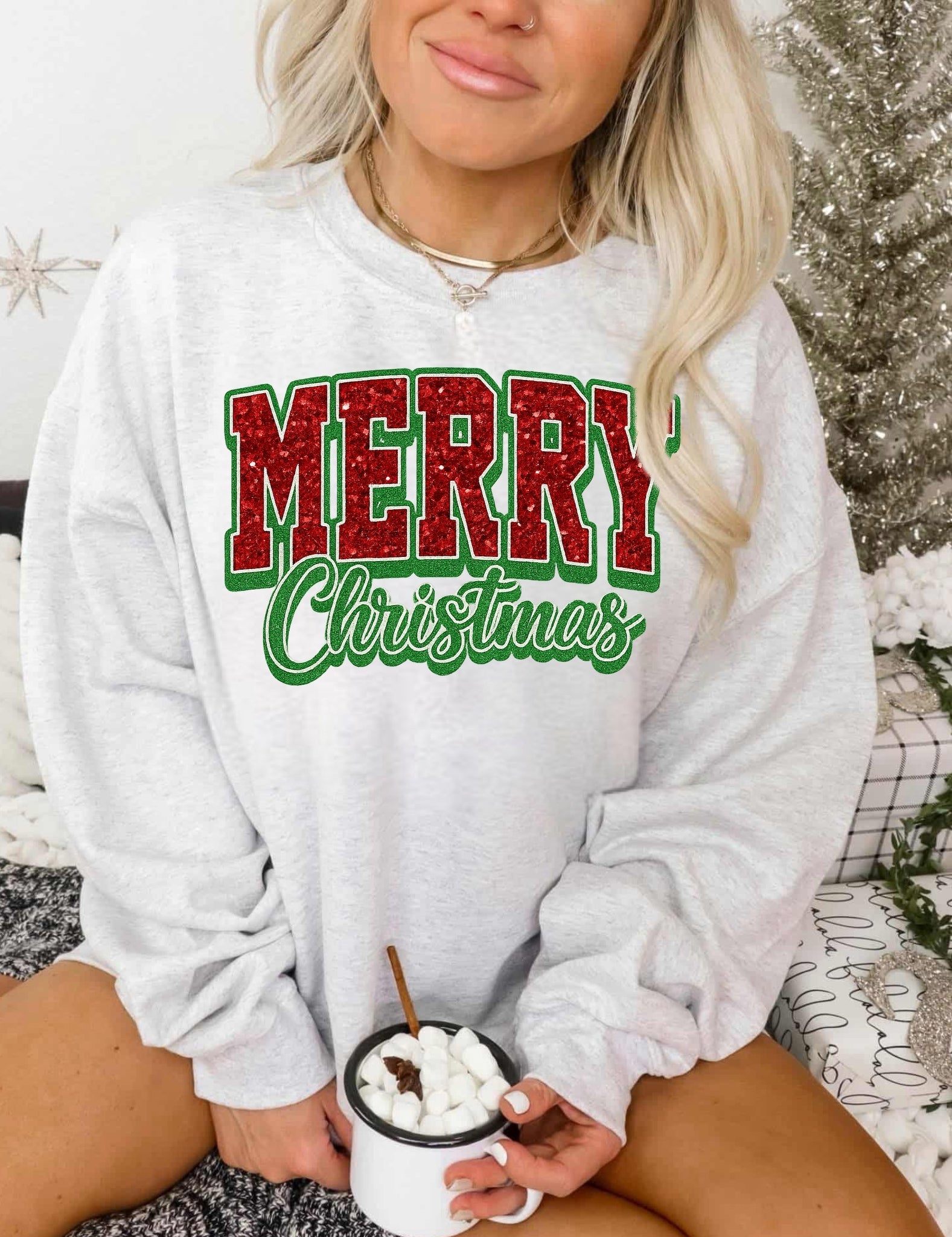 Red Faux Glitter Merry Christmas Script Shirt – Graphic Tee, Long Sleeve & Crewneck