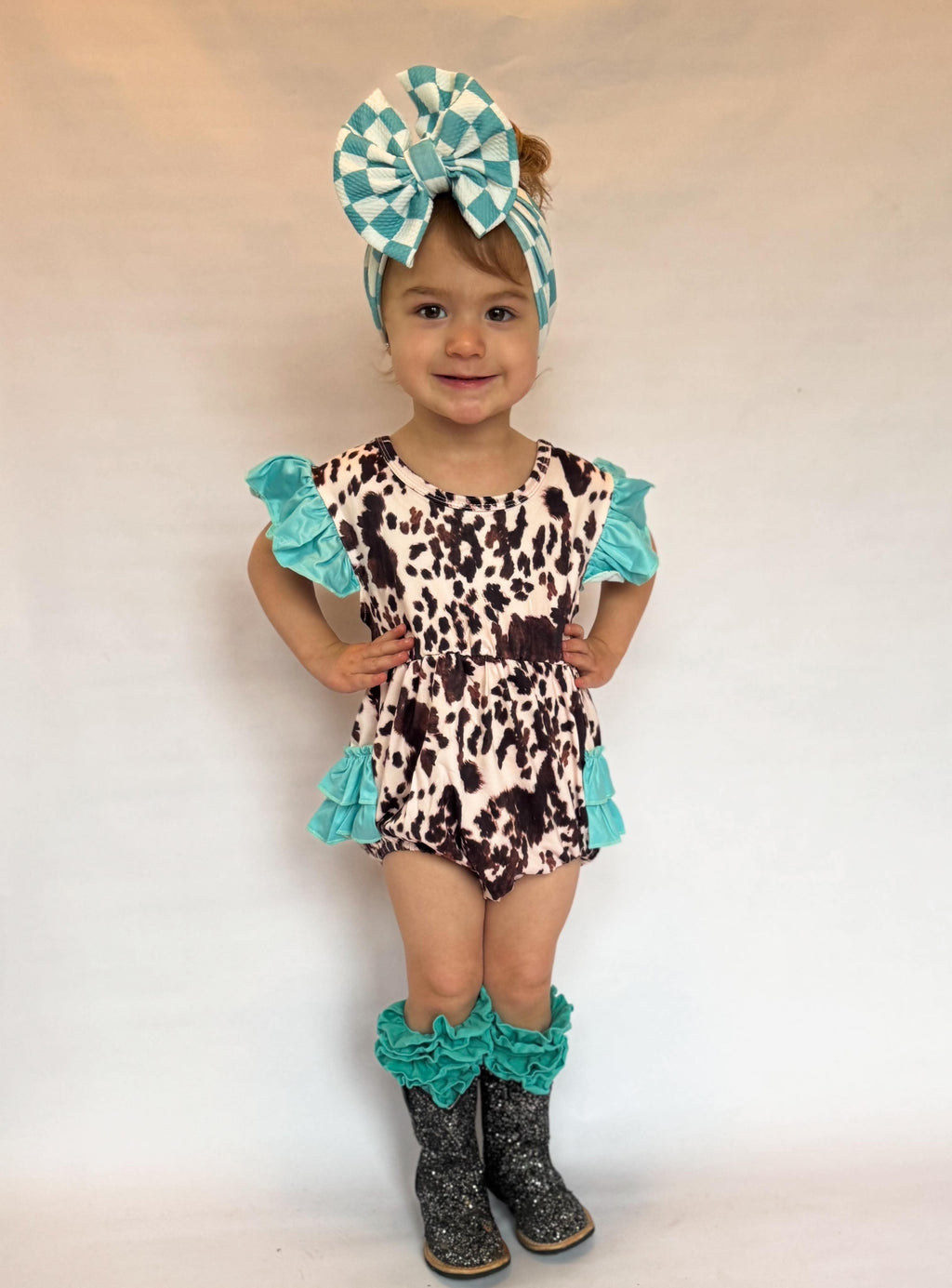 Cow Print With Mint Ruffles Romper