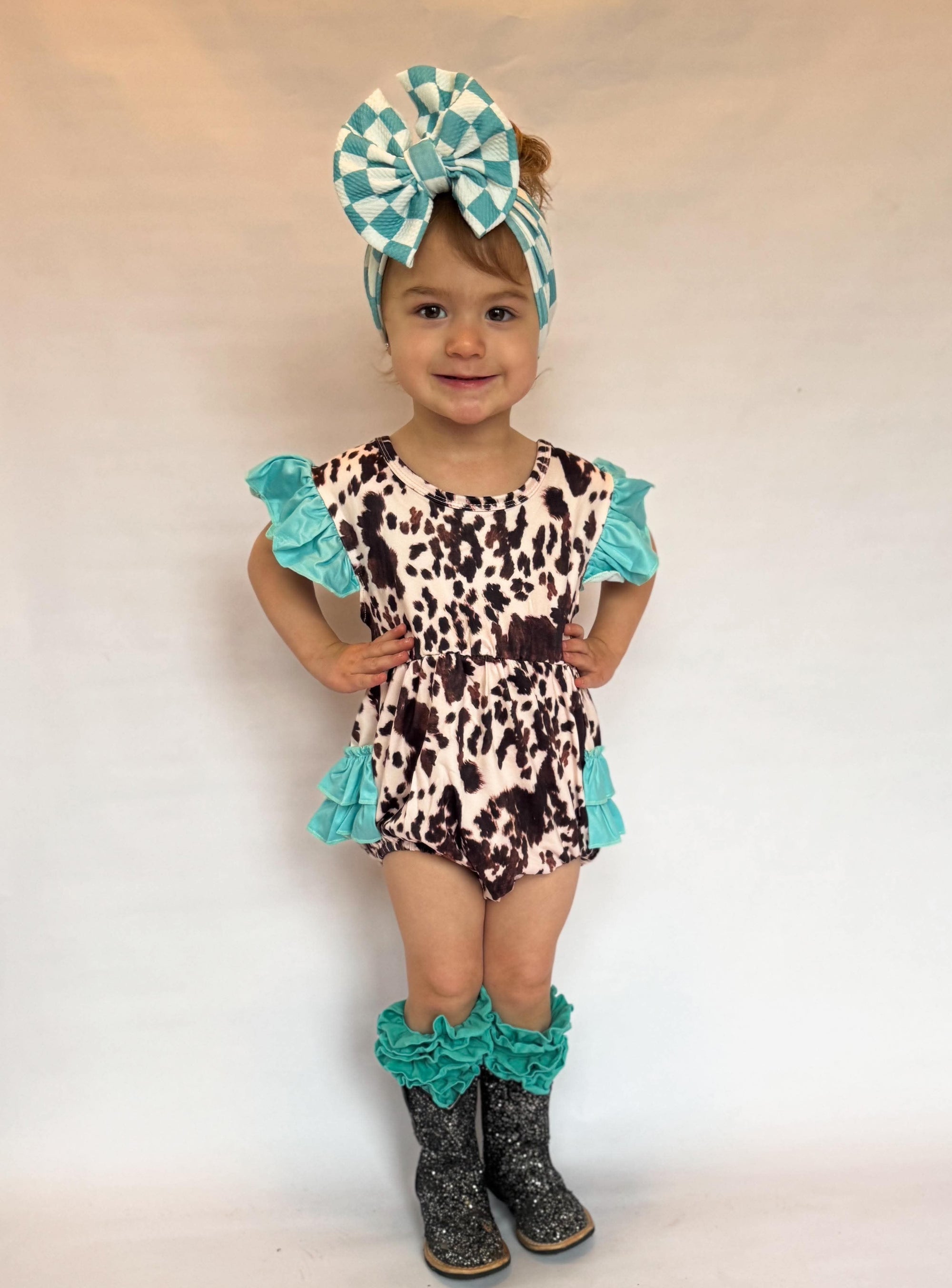 Cow Print With Mint Ruffles Romper