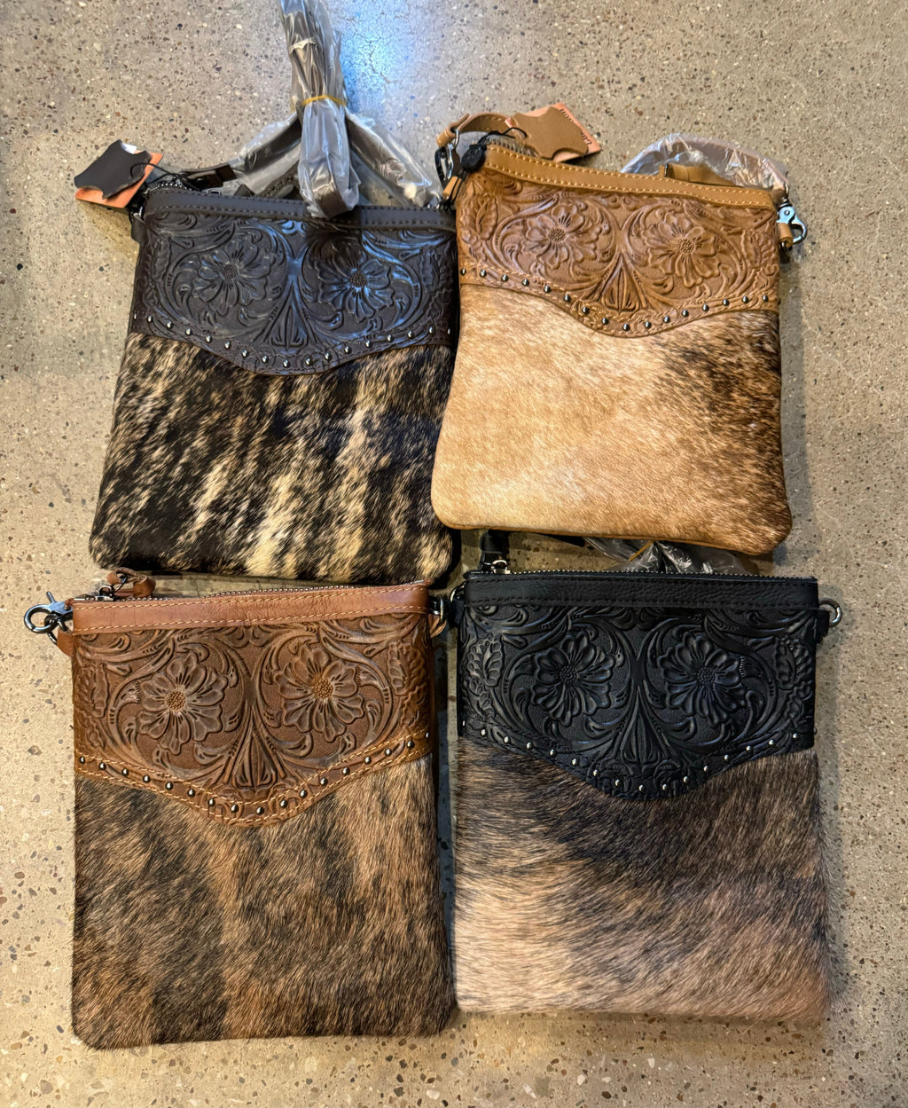 Cowhide Studded Tooled Crossbody