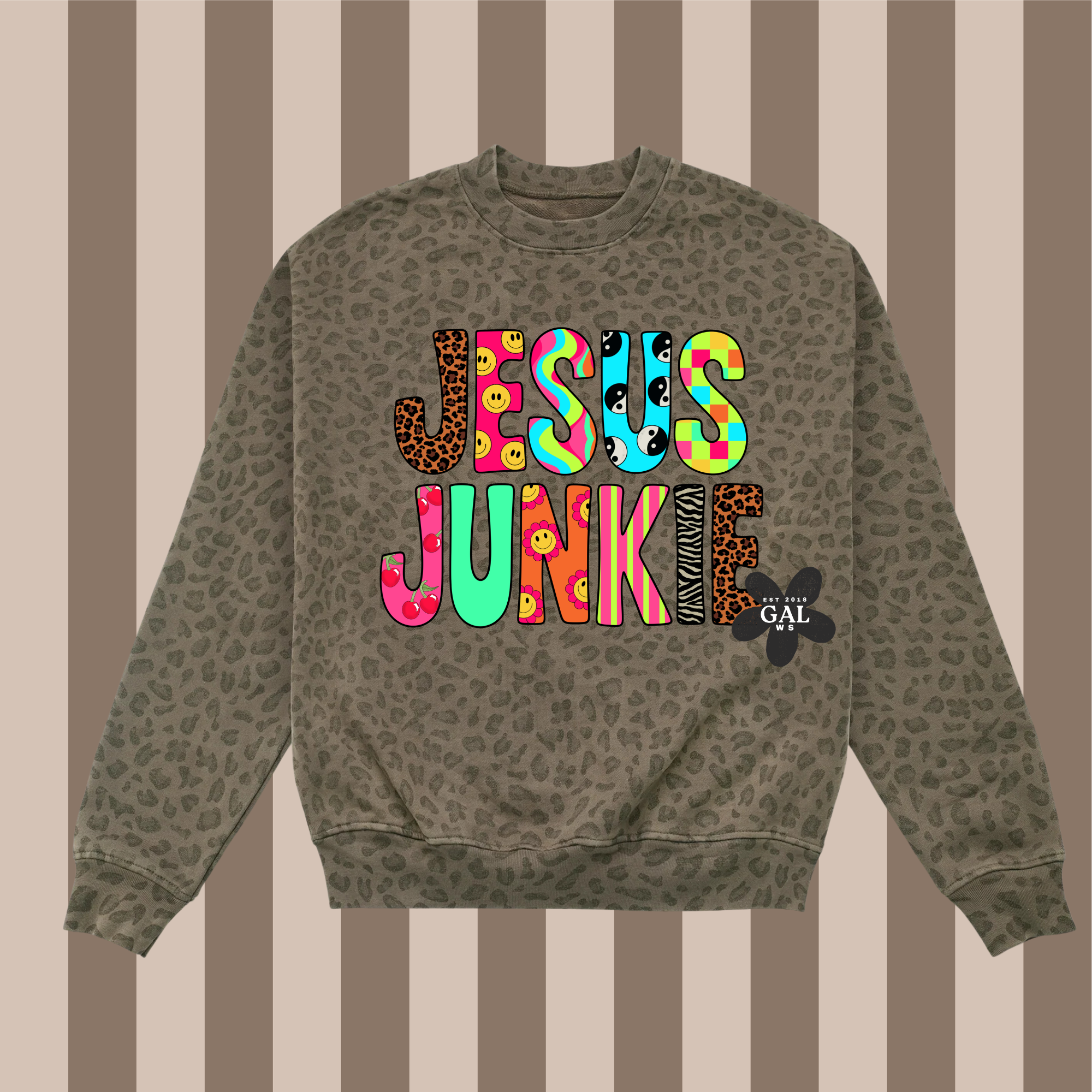 Leopard Jesus Junkie Graphic tee or crew | Colorful Christian Shirt | Retro Faith T-Shirt or crew