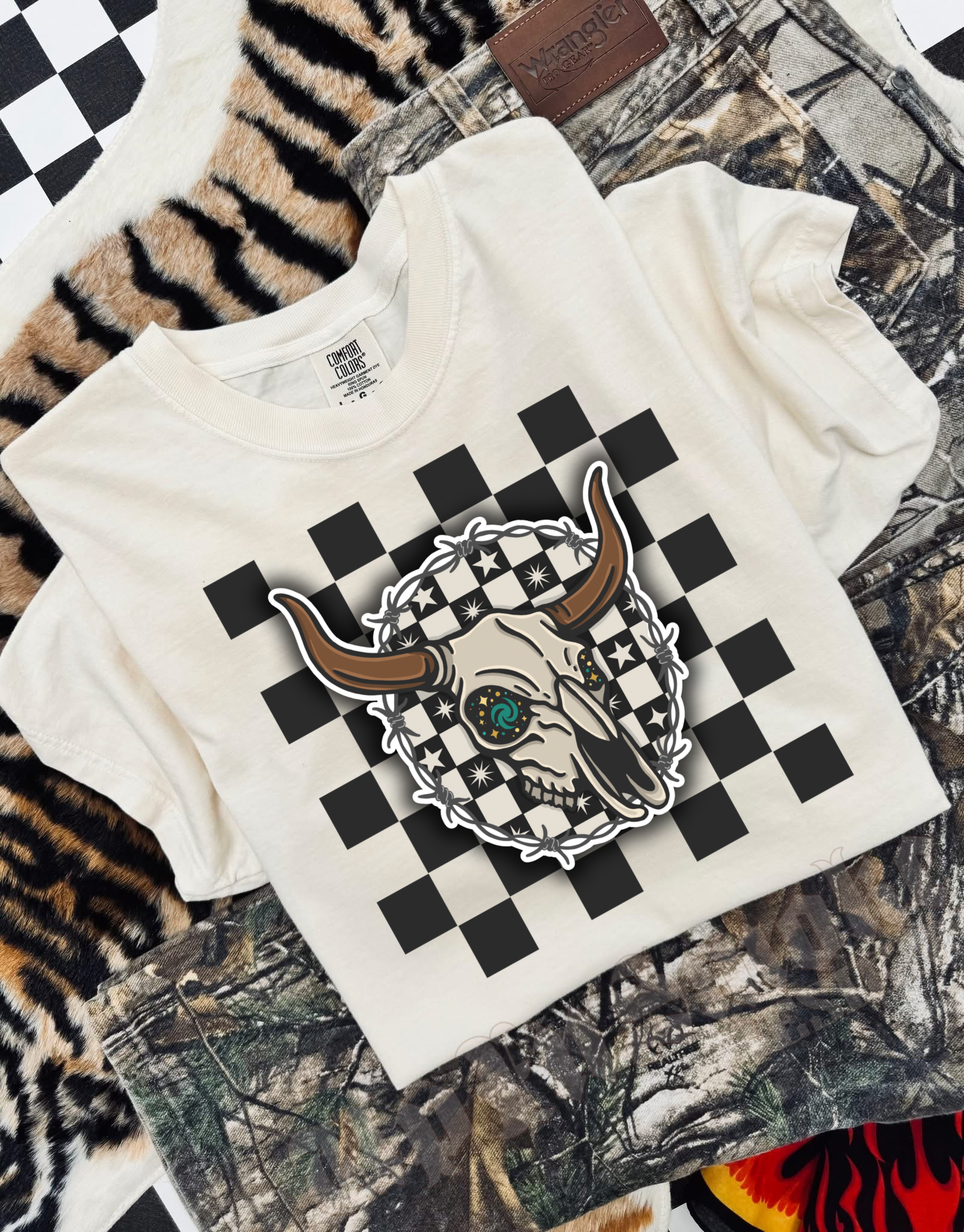 The stardust steer with checkered background  Tee