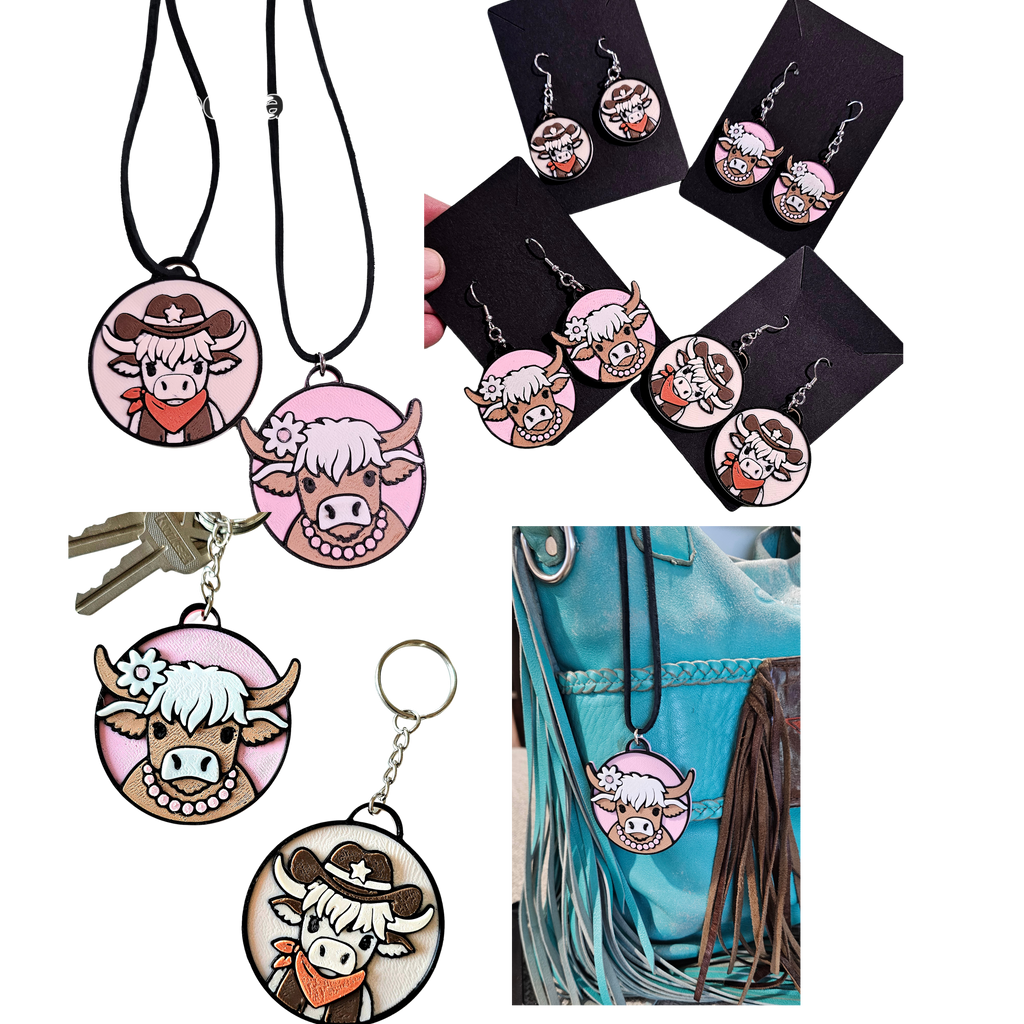 3d Western Cowgirl Cowboy Highland Cow Theme - Necklace, Purse Charm, Earrings, Keychain, Magnet