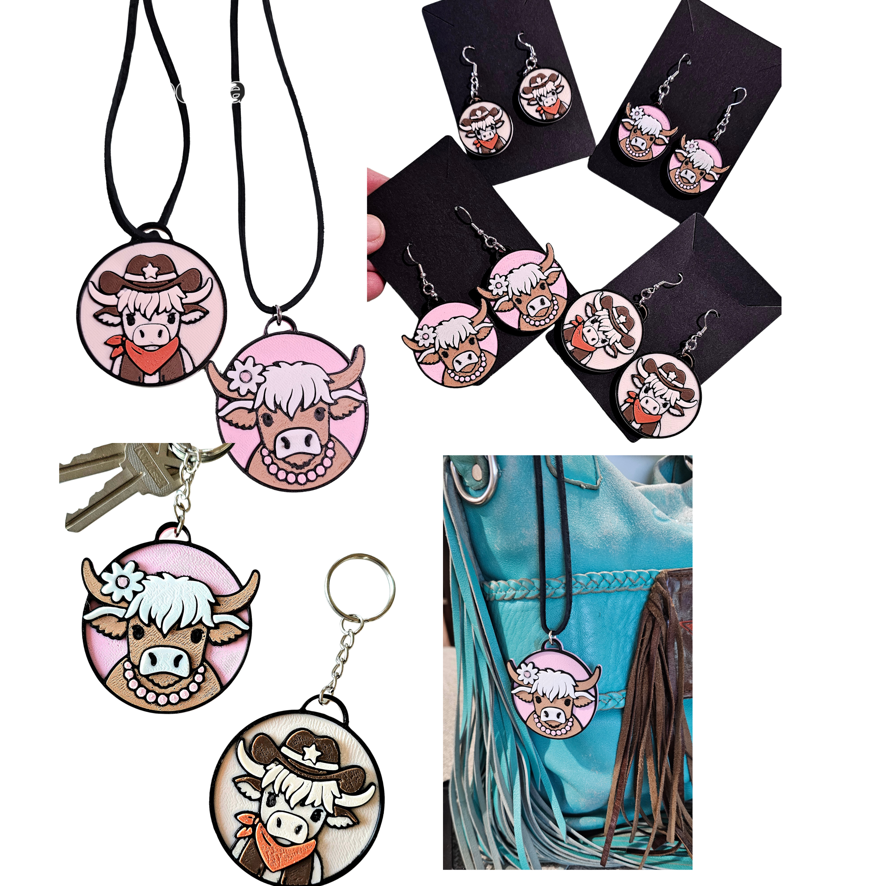 3d Western Cowgirl Cowboy Highland Cow Theme - Necklace, Purse Charm, Earrings, Keychain, Magnet