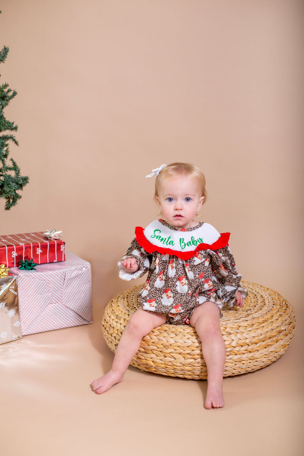 Santa baby smocked ruffle romper