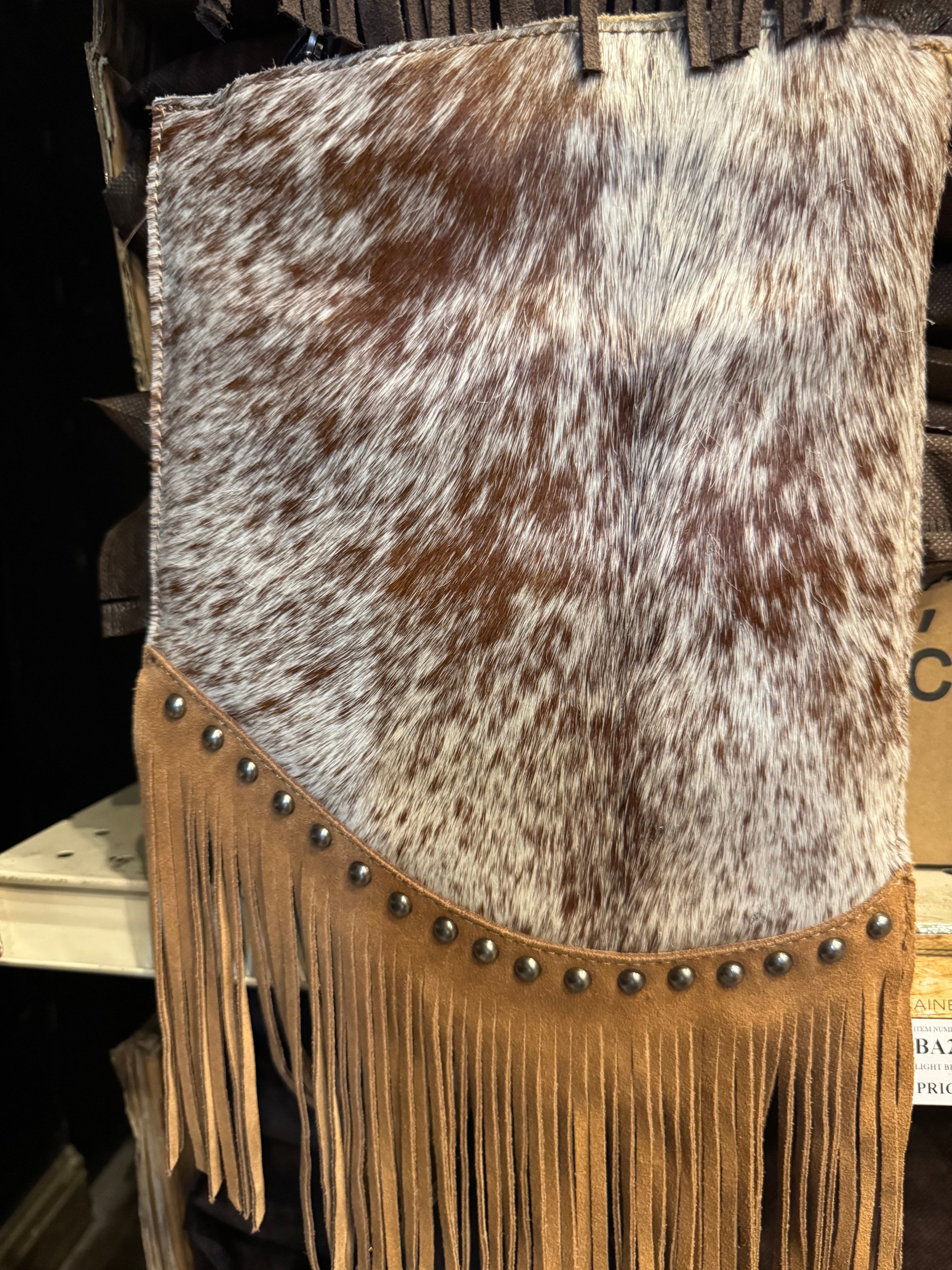 BA2143 Cowhide Fringe Studded Crossbody Purse
