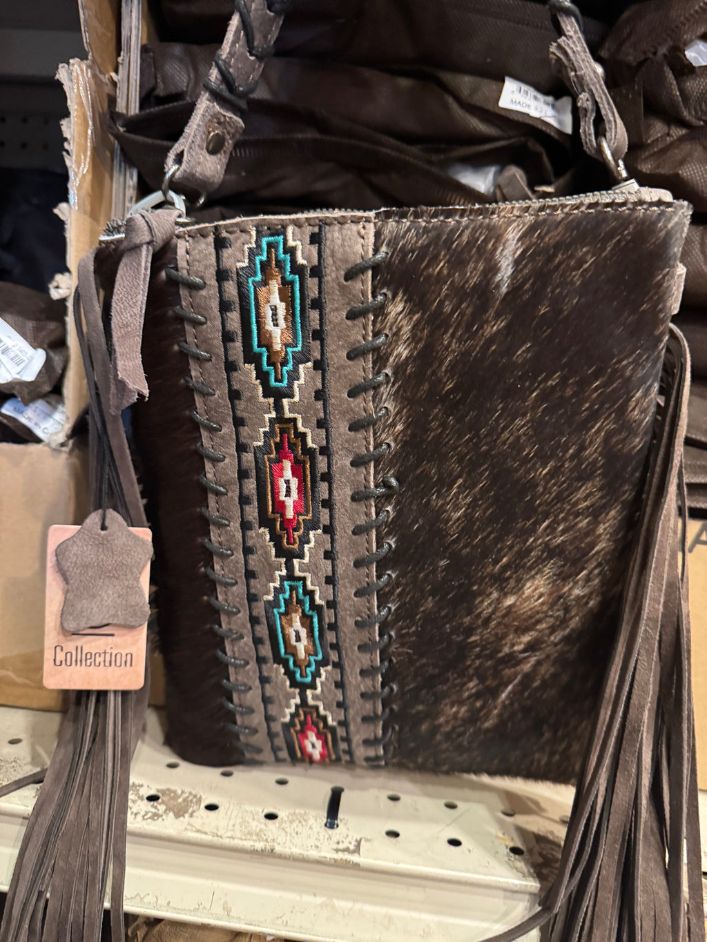 Aztec Diamond Stitched Cowhide Crossbody Purse
