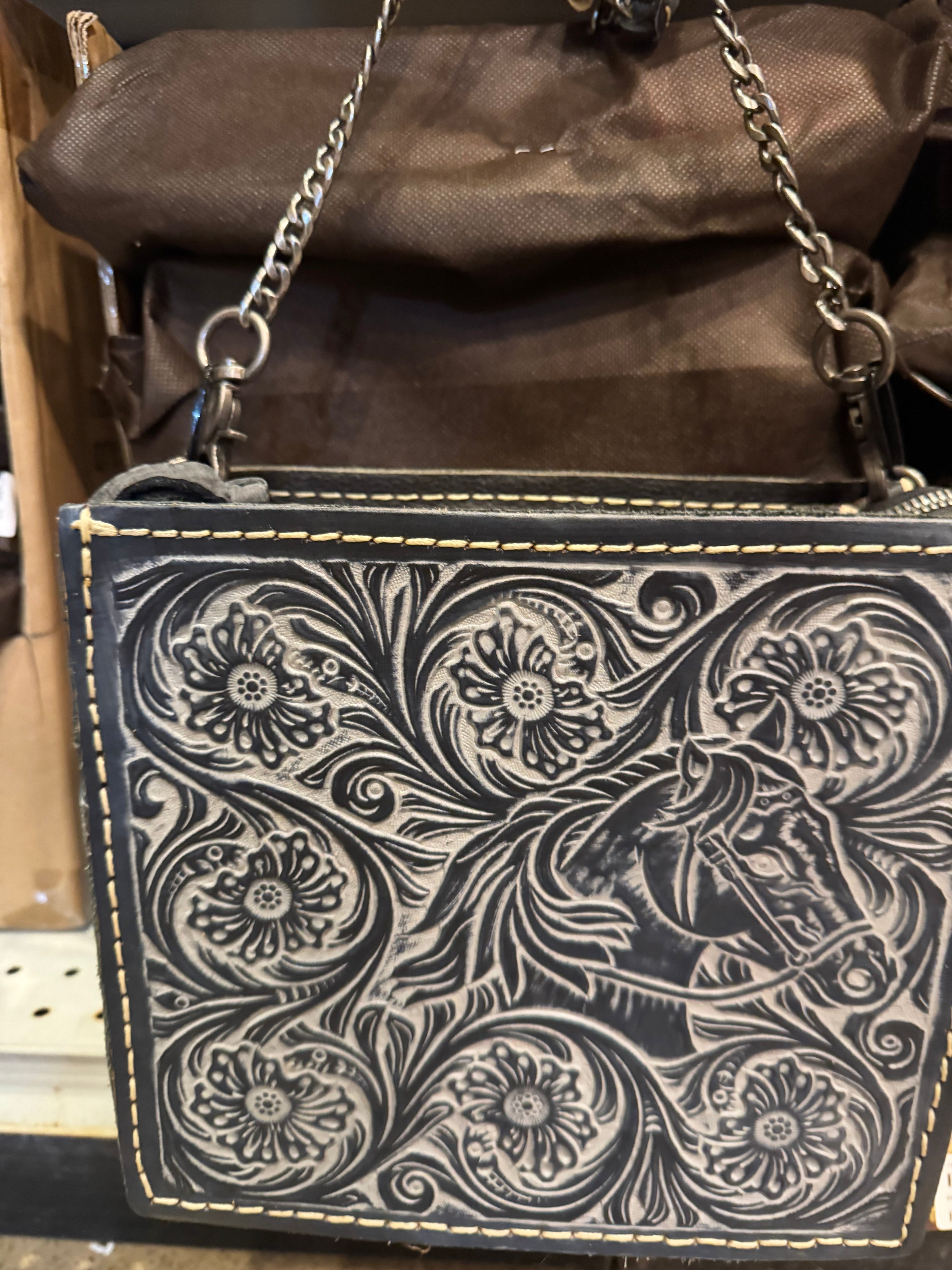 Tooled Horse Chain Crossbody Purse