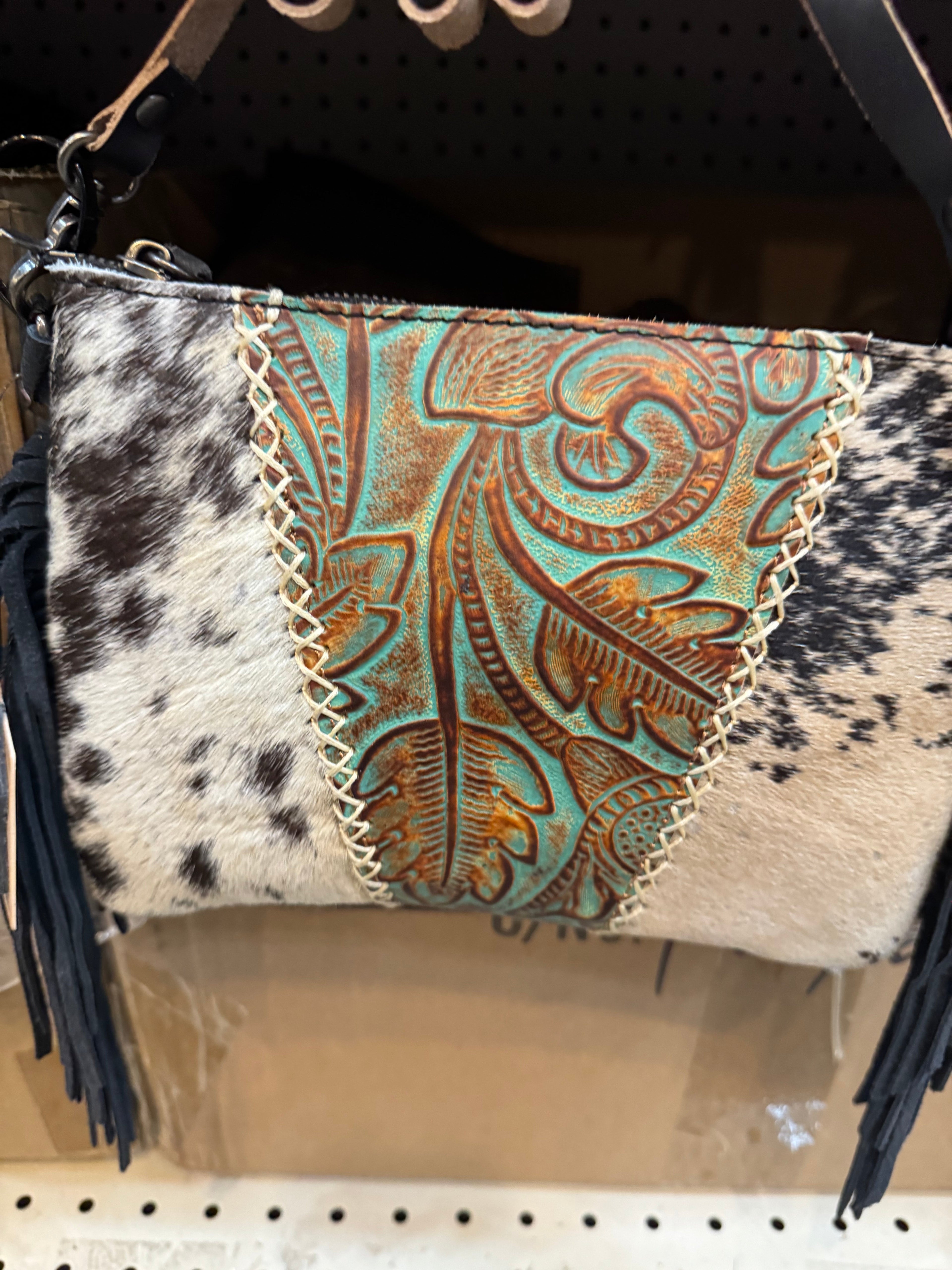 Tooled Floral Fringe Crossbody Purse