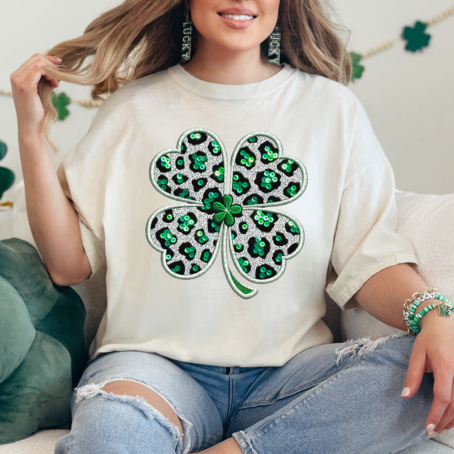 Leopard Print Silver and Green Faux Embroidery Four Leaf Clover Tshirt