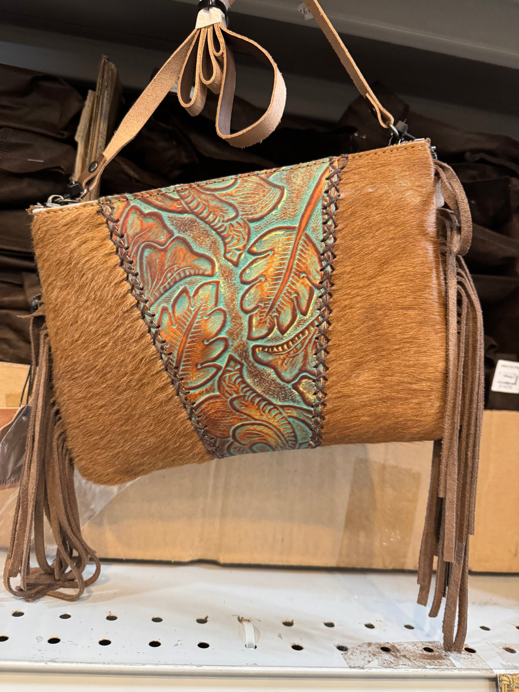Tooled Floral Fringe Crossbody Purse