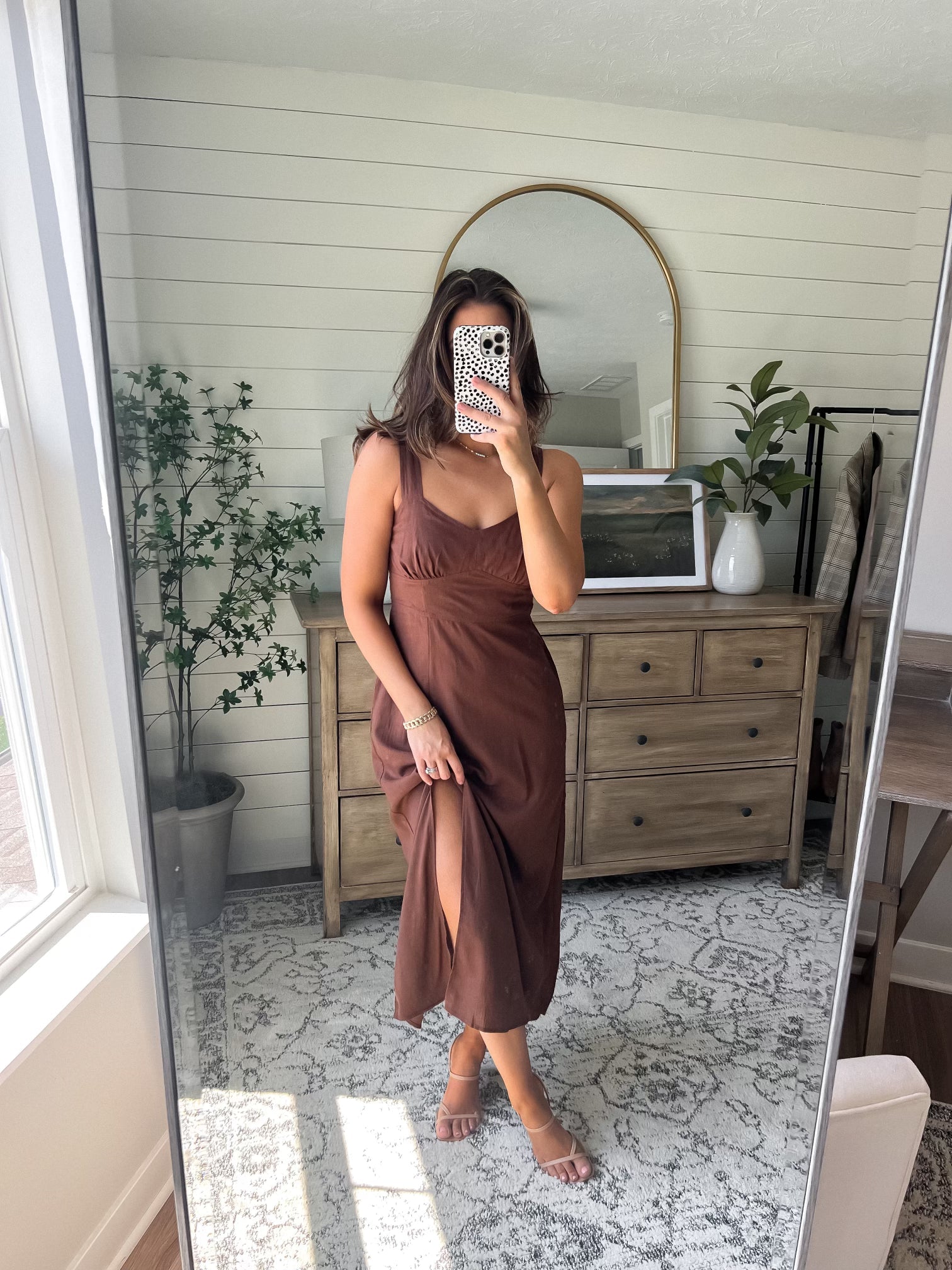 Brown V Neck Linen Midi Dress - DOORBUSTER