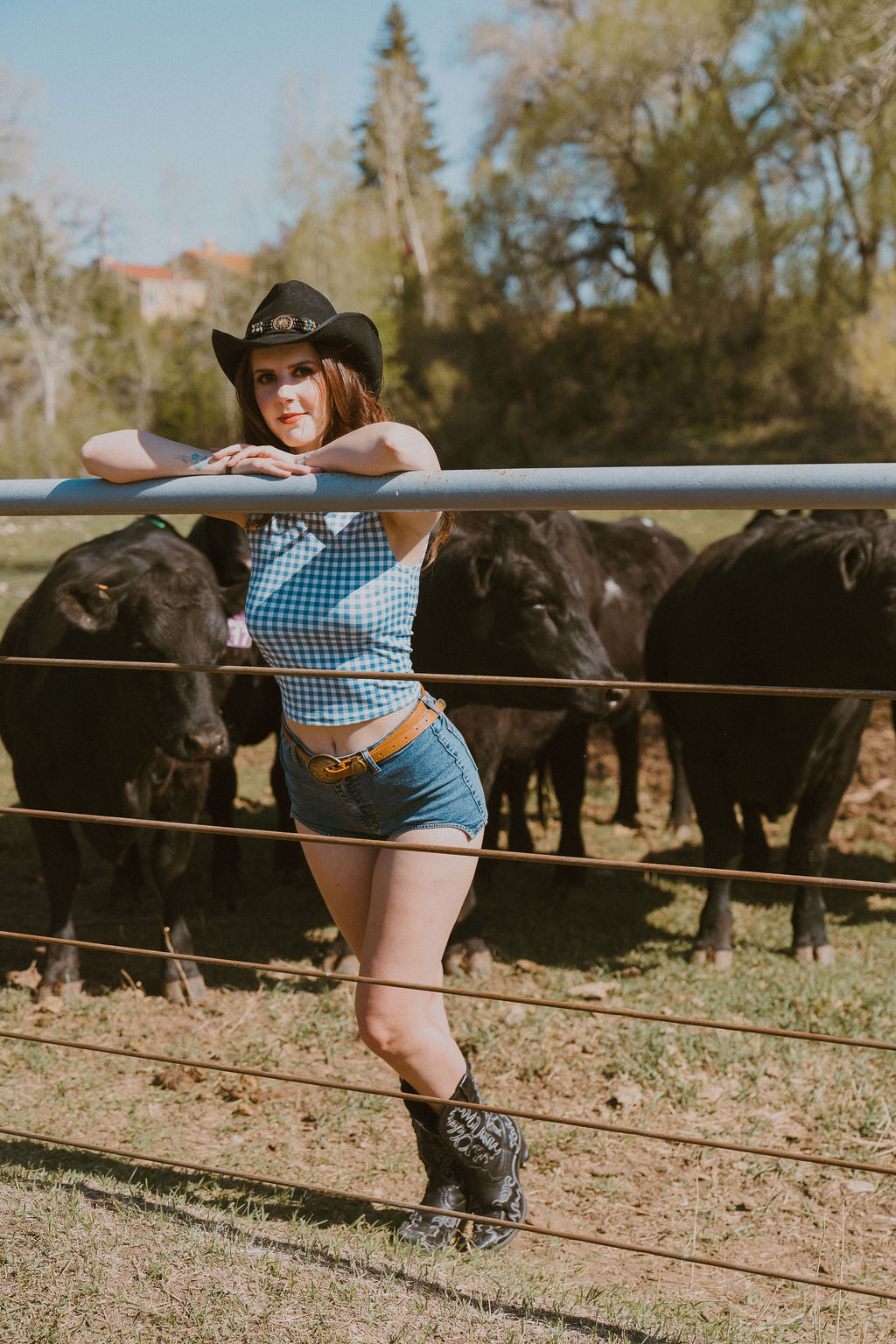 The Casey Blue Checked Bow Tank