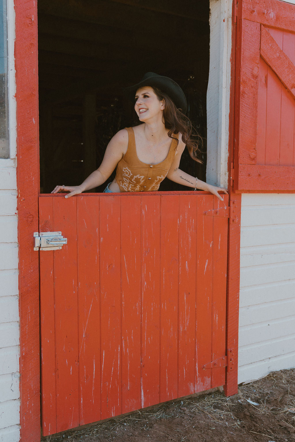 The Camel Suede Stretch Boot Stitch Corset Top