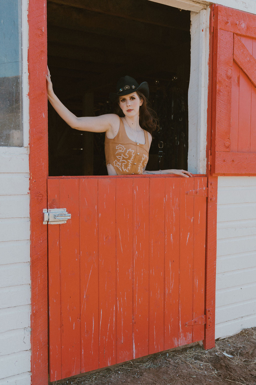 The Camel Suede Stretch Boot Stitch Corset Top