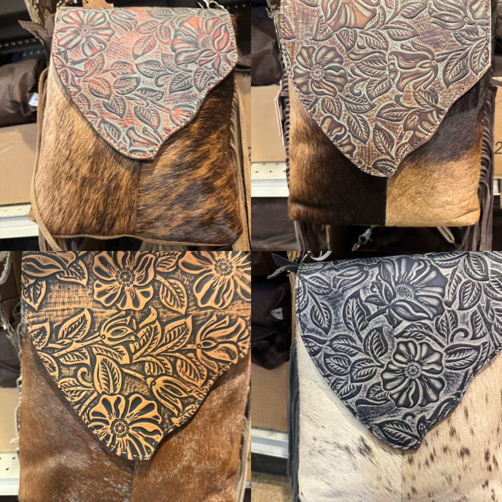 Cowhide Tooled Flap Crossbody Purse