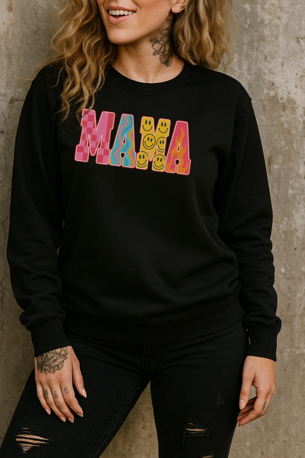 Retro Colorful Smiley MAMA Shirt – Graphic Tee, Long Sleeve & Crewneck