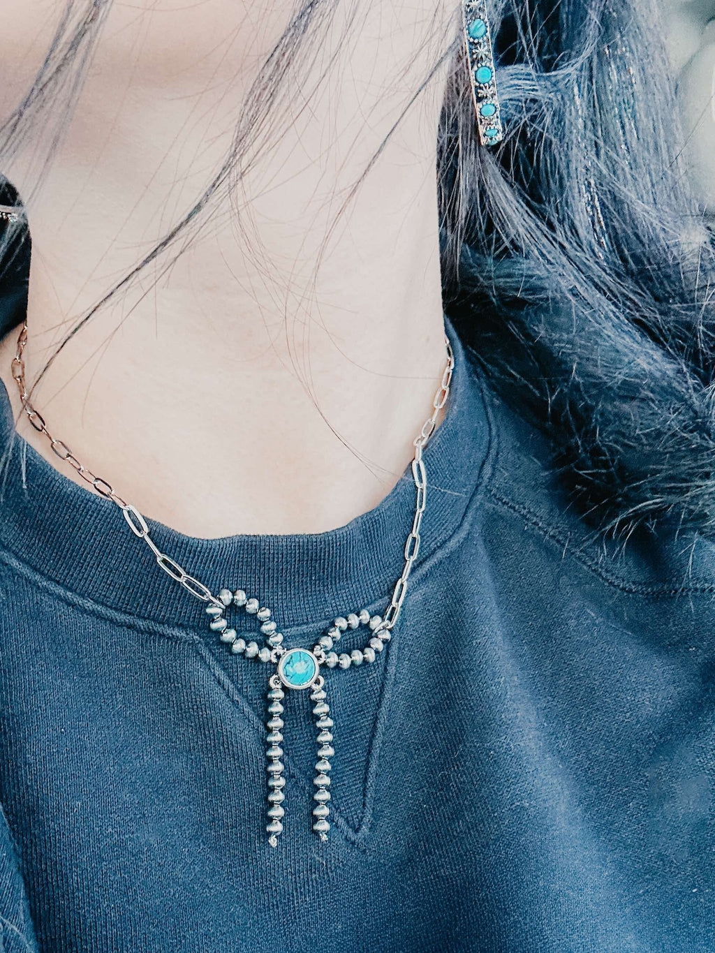 Turquoise Stone Beaded Bow Necklace