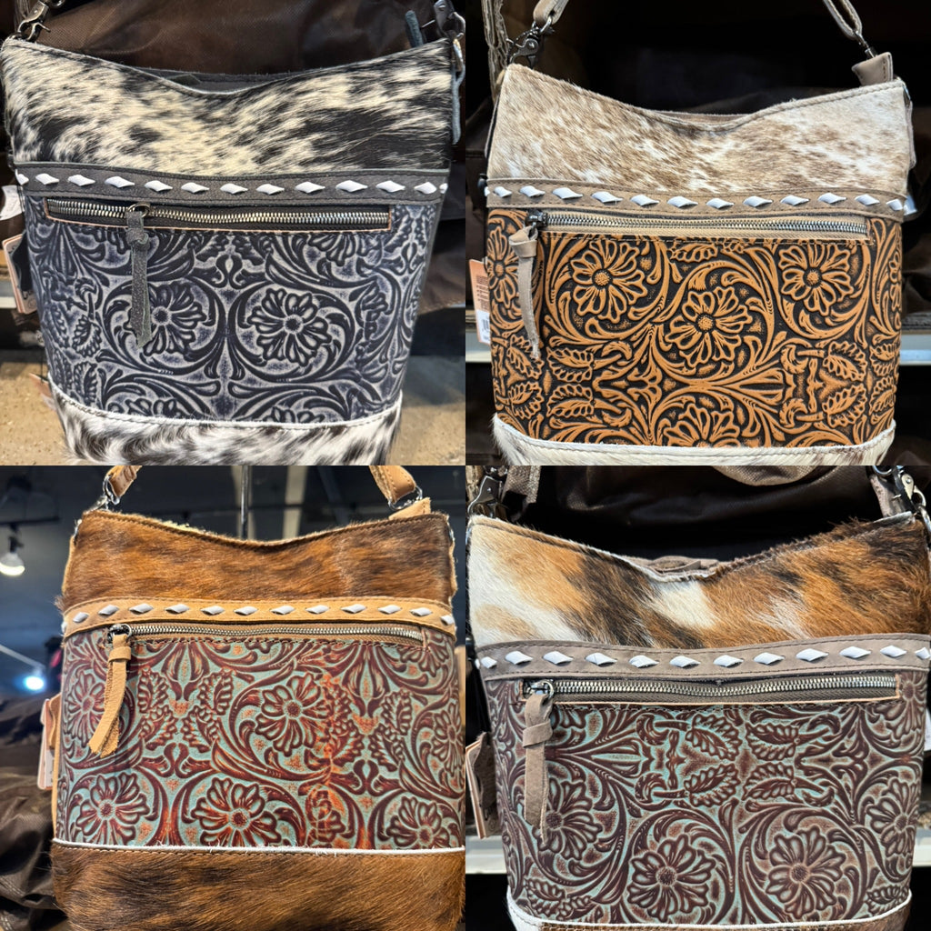 BA2821 Middle Zipper Tooled Cowhide Purse