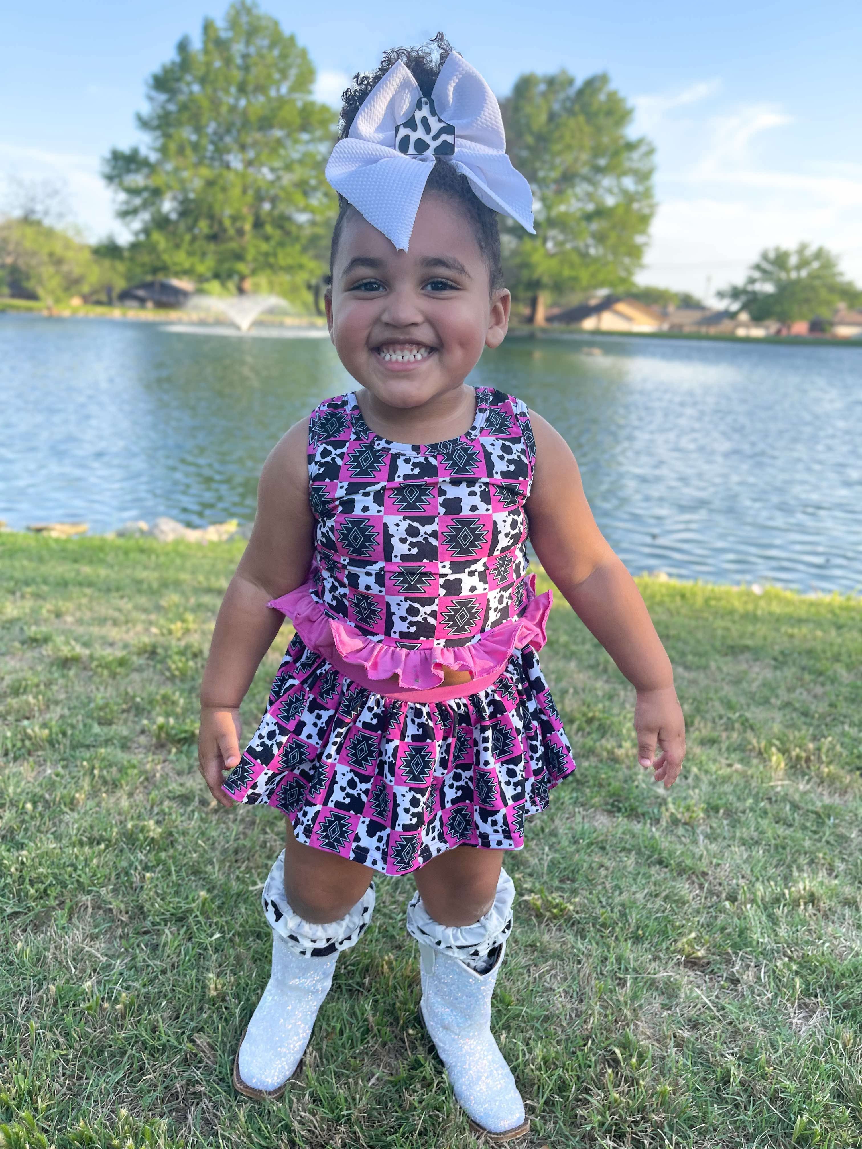 Pink Aztec & Cow Checkered Skirted Ruffle Set