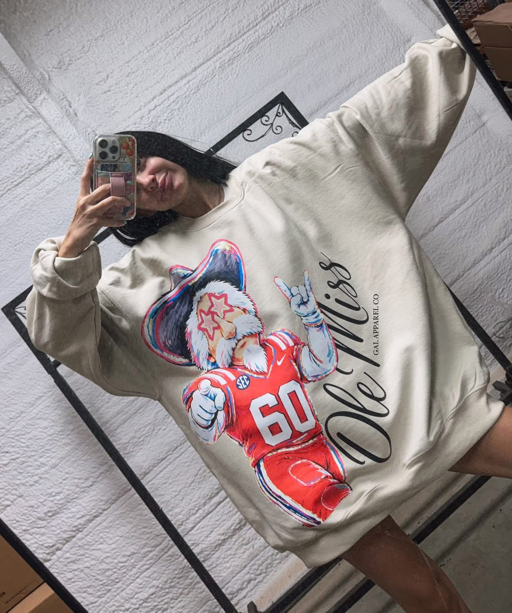 OVERSIZED PRINT rocking delulu ole miss sand crewneck