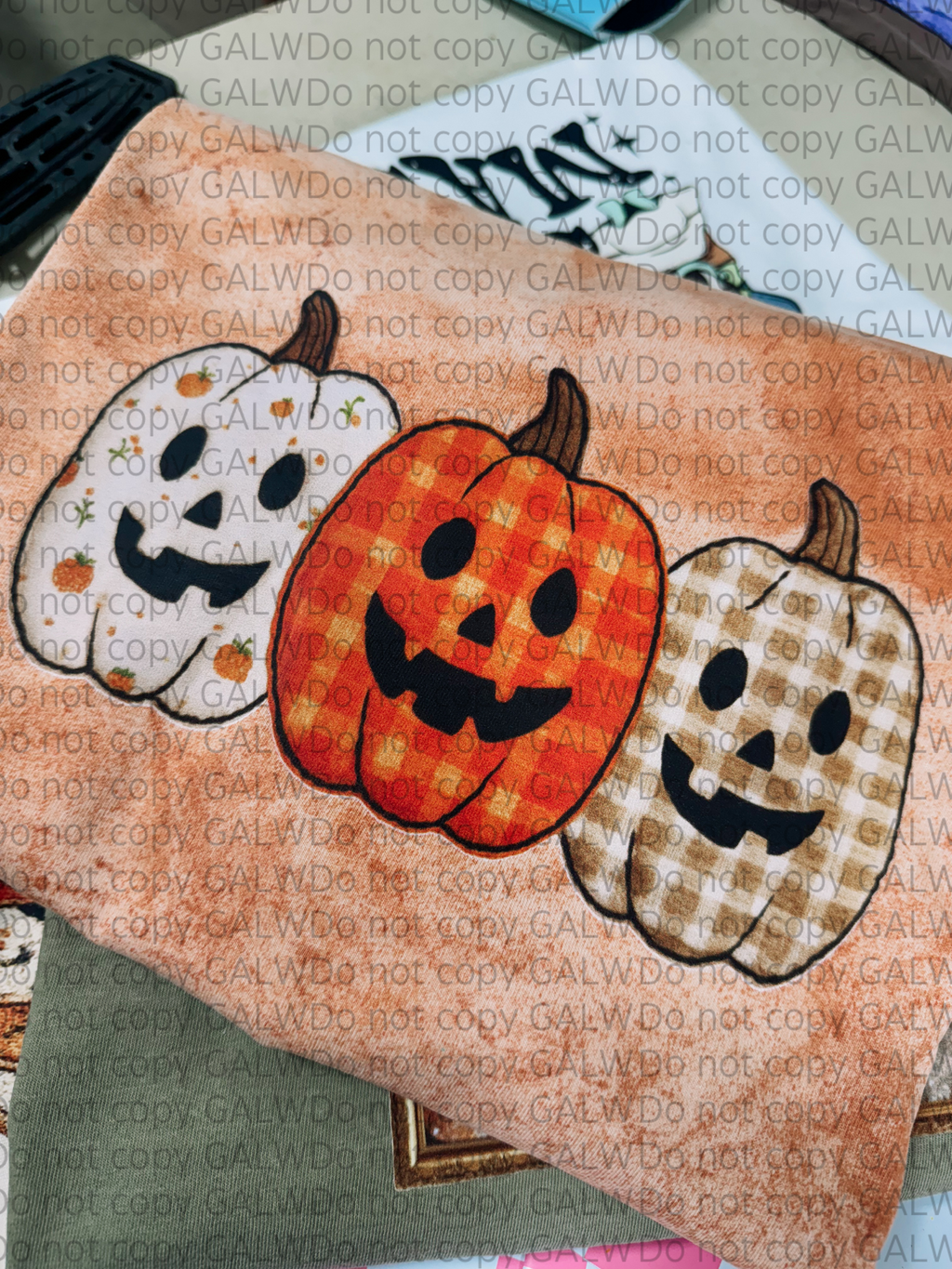Faux patch stitched three pumpkins tee or sweatshirt