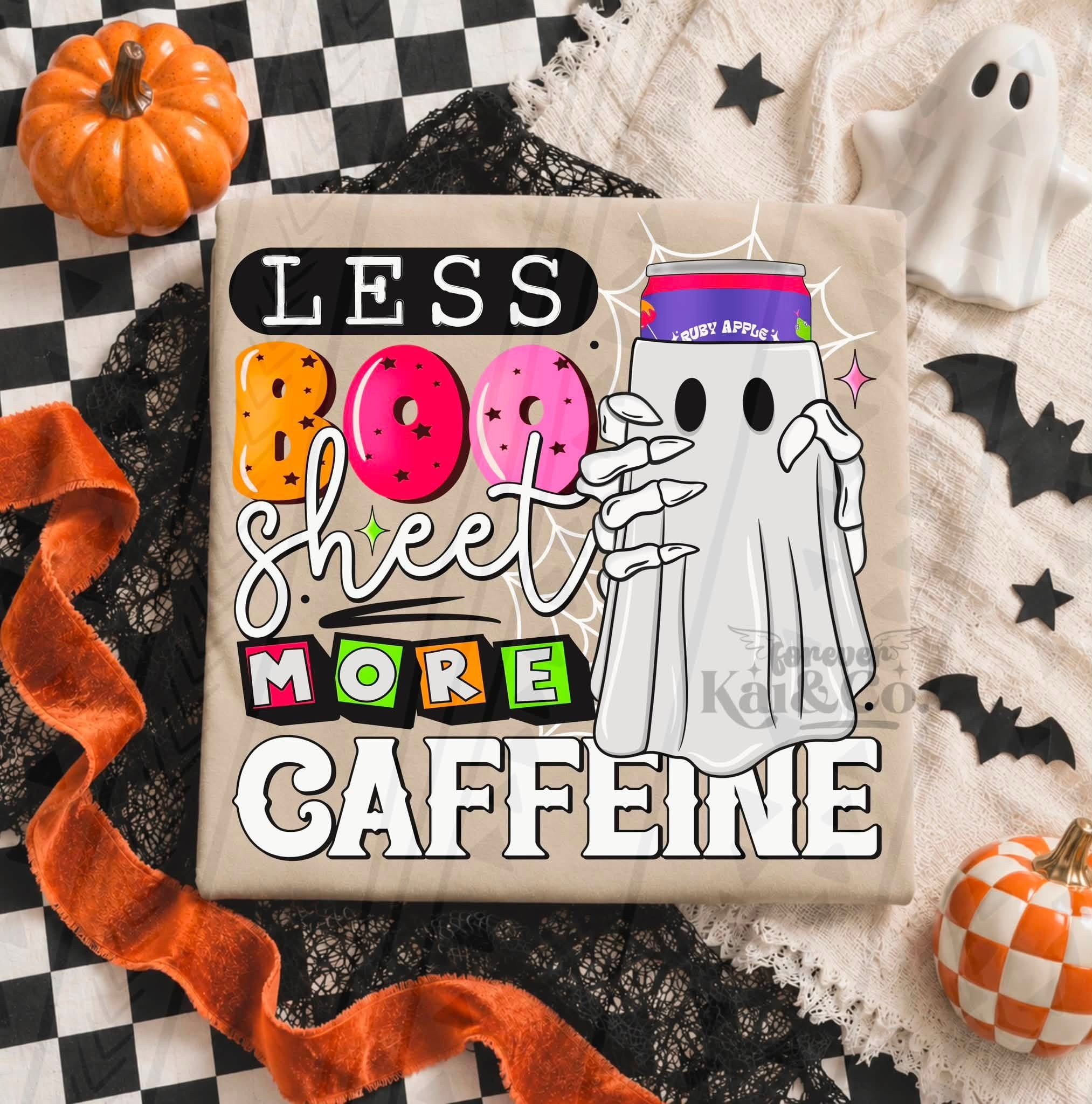 Less Boo Sheet More Caffeine Halloween Graphic Tee | Funny Ghost Coffee Shirt | Spooky Season Tee