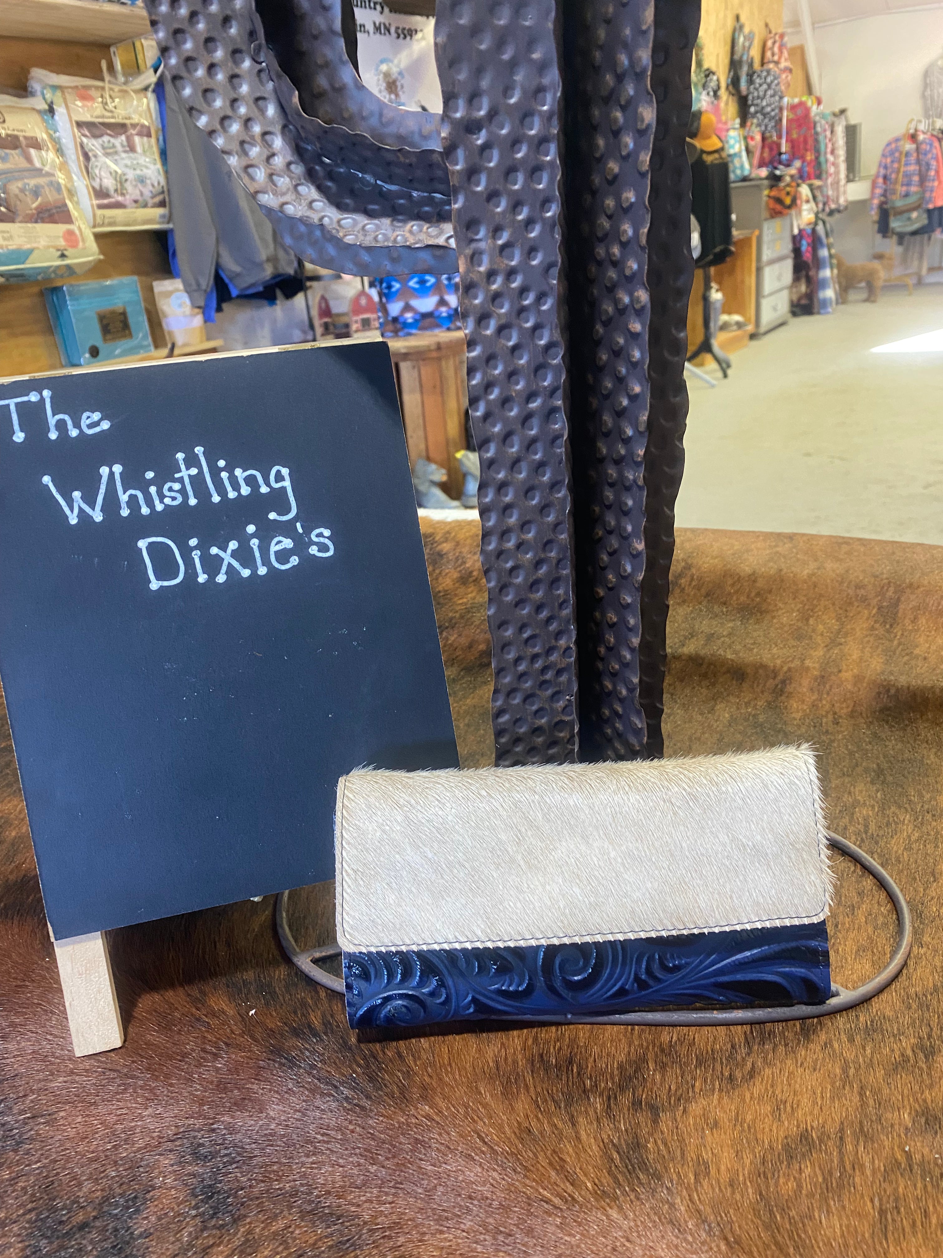 Handmade Navy Embossed Leather Hair on Hide Wallet