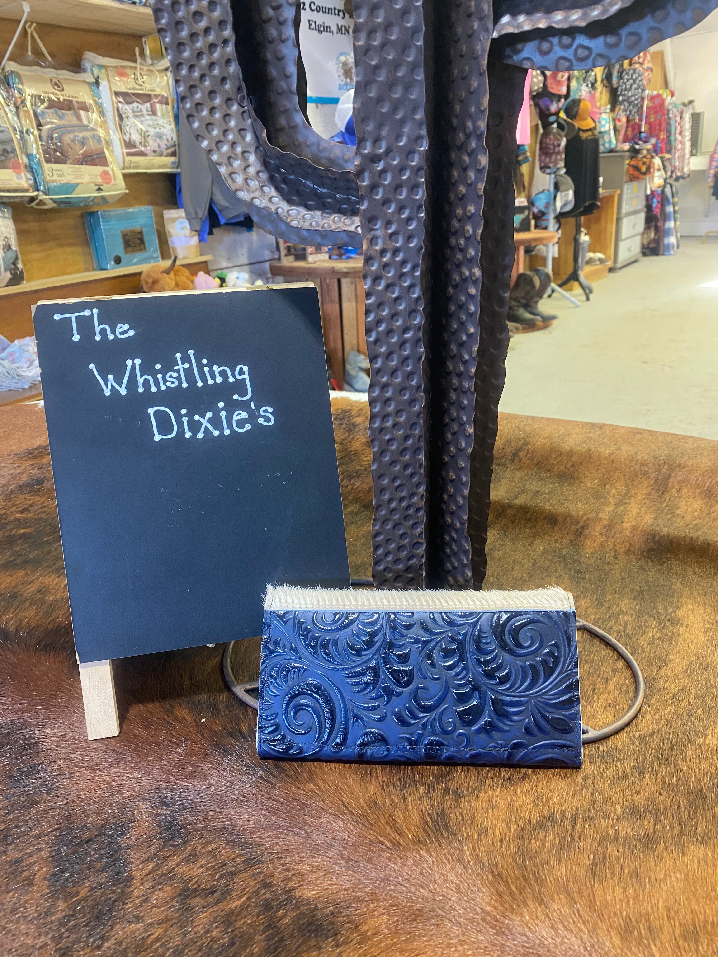 Handmade Navy Embossed Leather Hair on Hide Wallet