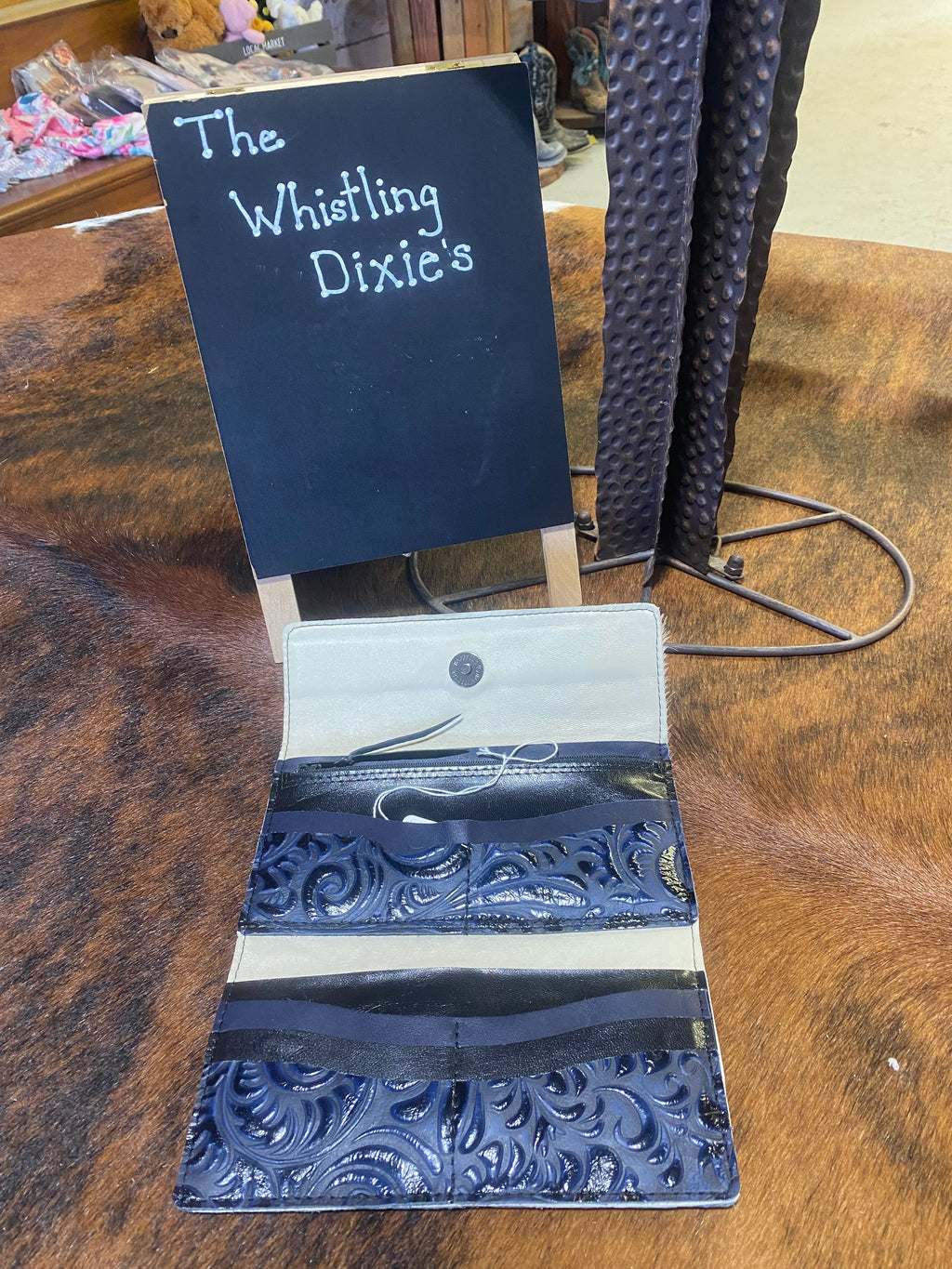 Handmade Navy Embossed Leather Hair on Hide Wallet