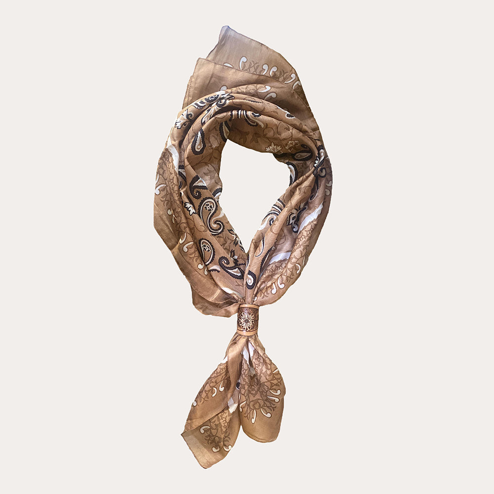 Loyal West Bandana Canyon Silk Scarves With Handtooled Leather Slider - Saddle Brown