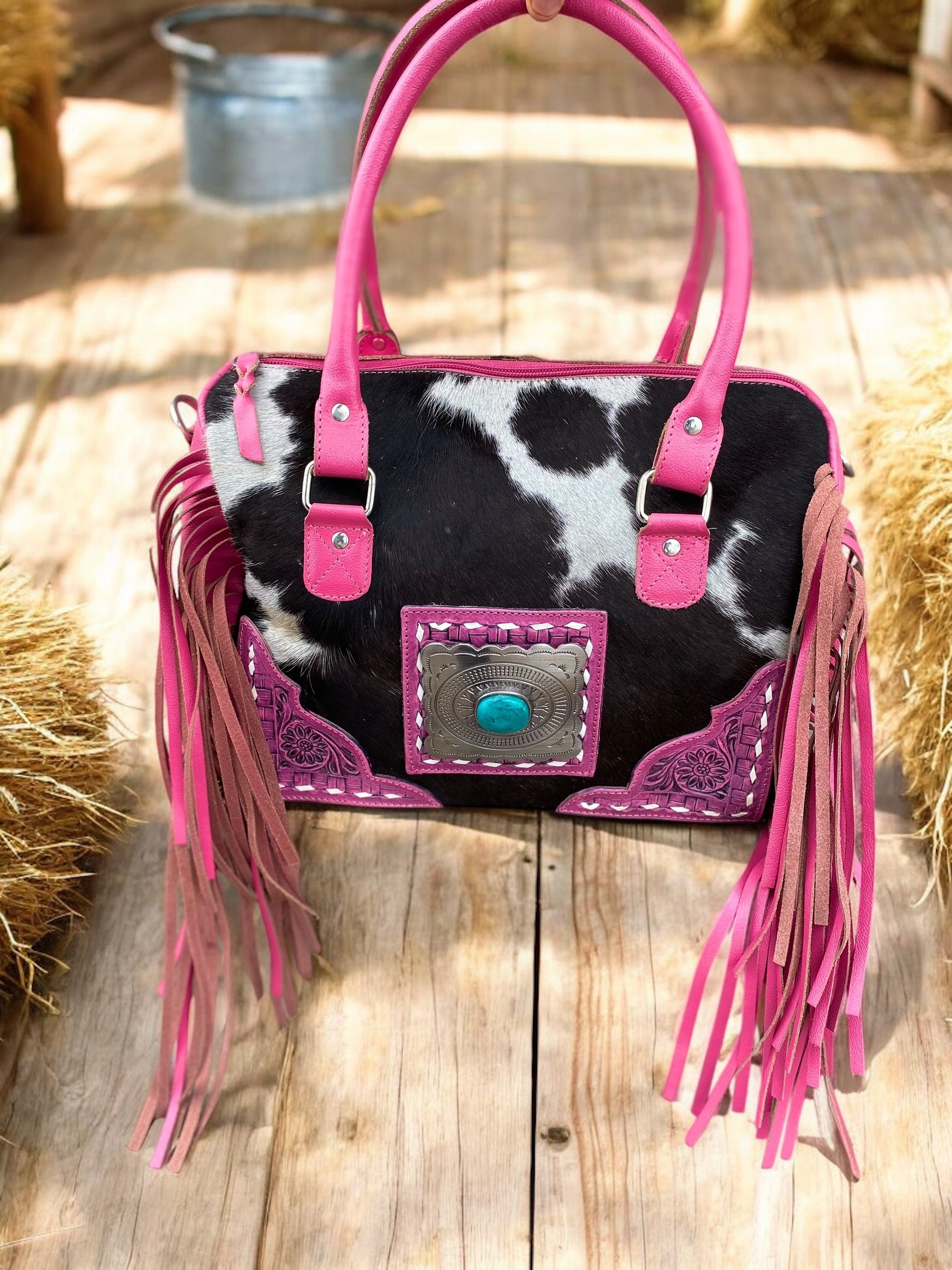 Pink Fringe Speedy Cowhide Conchos