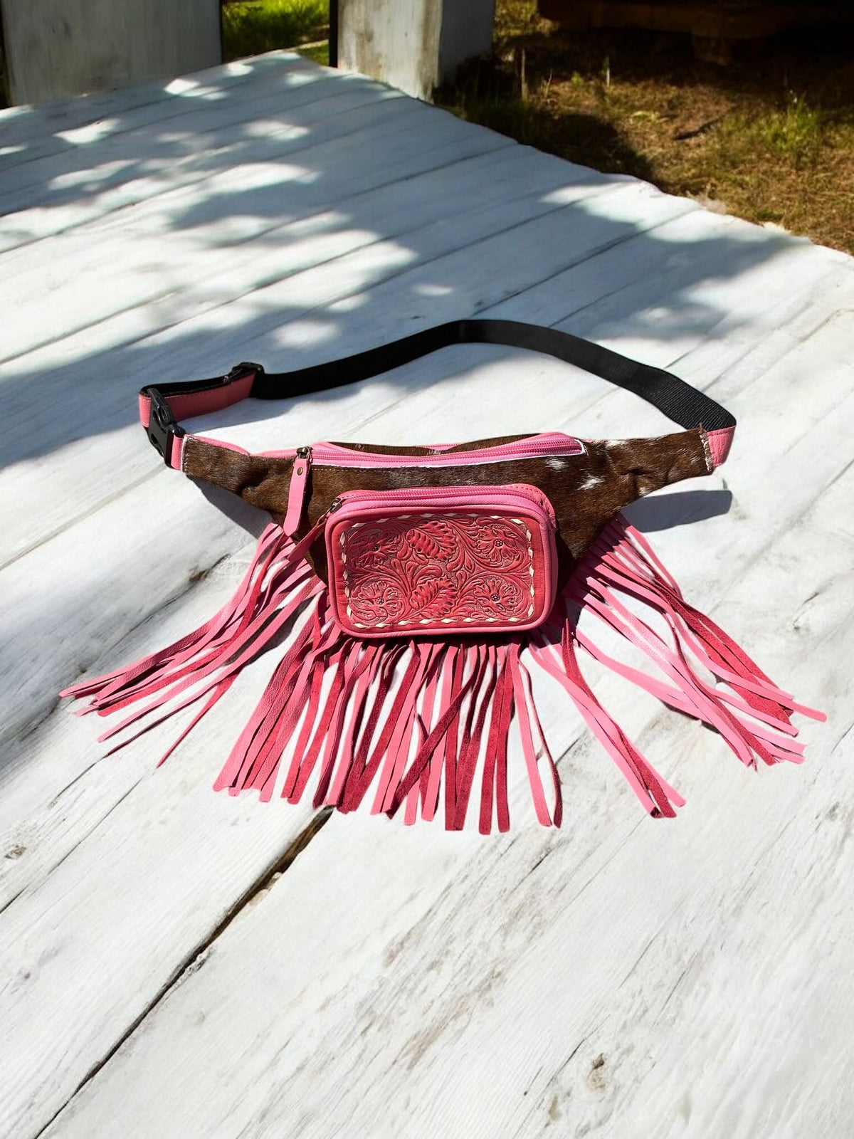 Pink Cowhide & Tooled Leather Fringe Fanny Pack