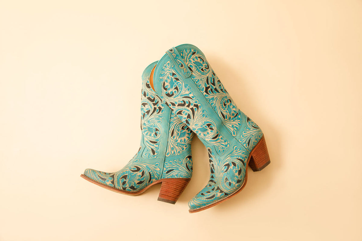 Myra Kasiopeah Cowgirl Leather Boots - Turquoise Western Boots for Women with Pointed Toe Heel
