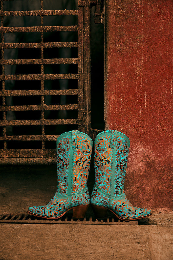 Myra Kasiopeah Cowgirl Leather Boots - Turquoise Western Boots for Women with Pointed Toe Heel