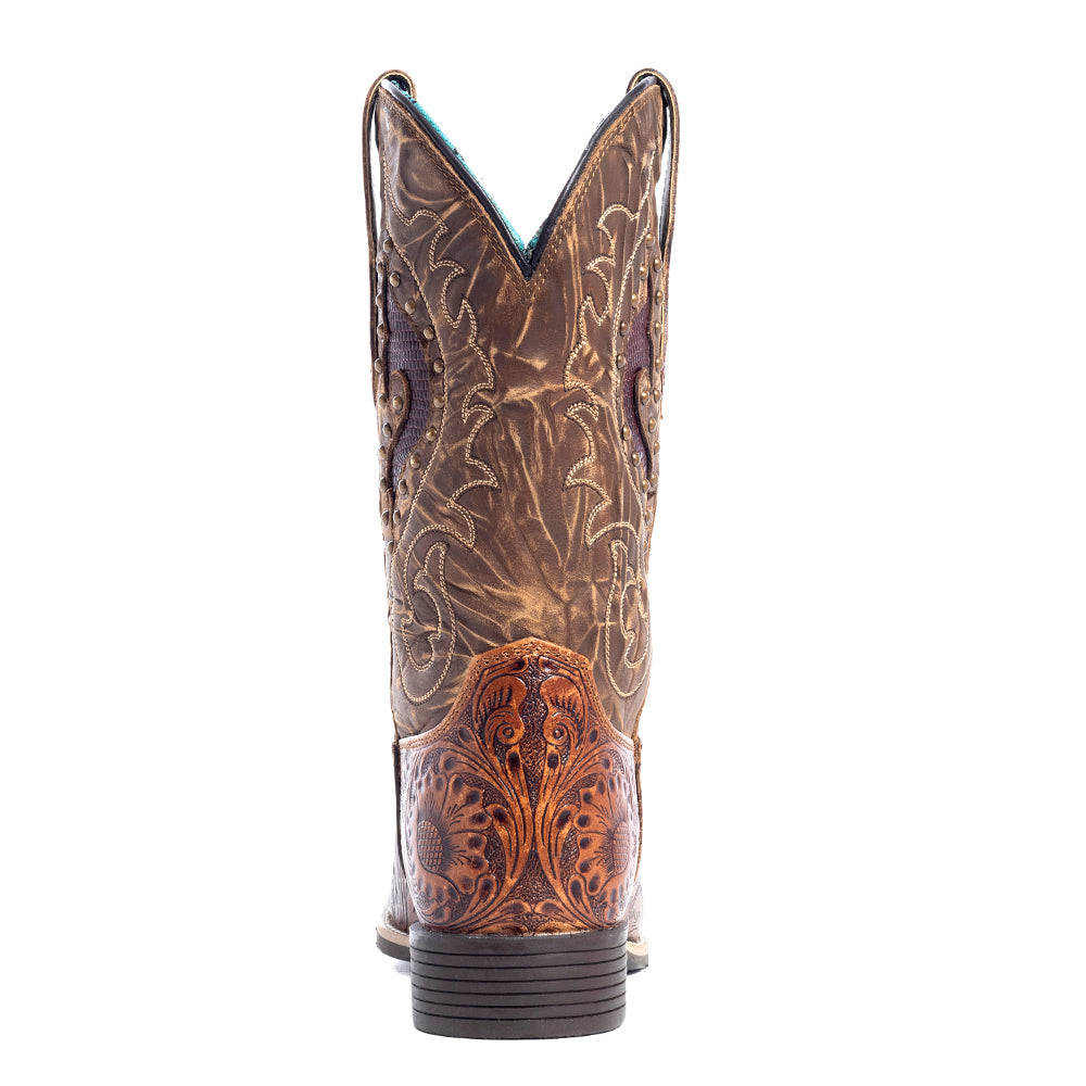 Myra Gianna Hand-Tooled Leather Boots for Women â€“ Studded Mid-Calf Western Brunch Heels with Embroidered Floral Designs