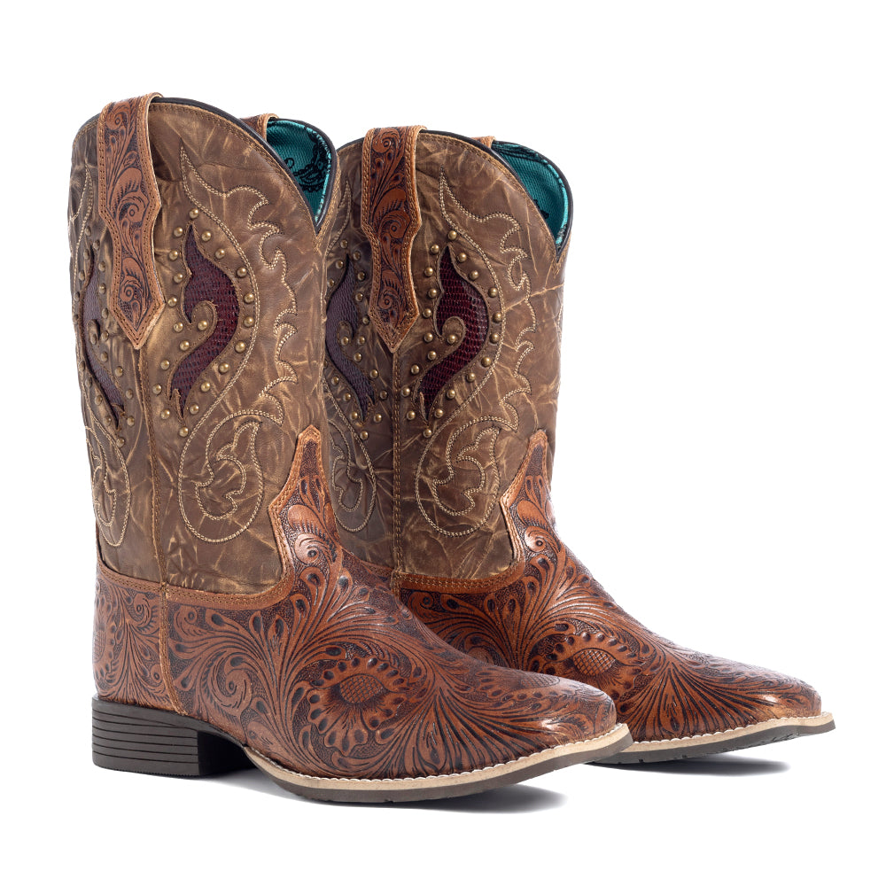 Myra Gianna Hand-Tooled Leather Boots for Women â€“ Studded Mid-Calf Western Brunch Heels with Embroidered Floral Designs