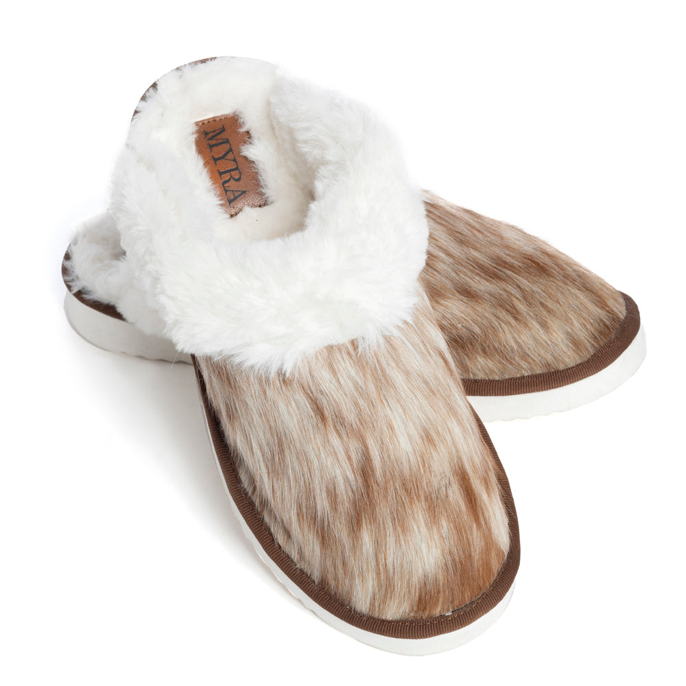 Myra Alamosa Tan Fur-Lined Hairon Leather Slippers for Women Winter Indoor Comfort, Soft Sole, Western Style